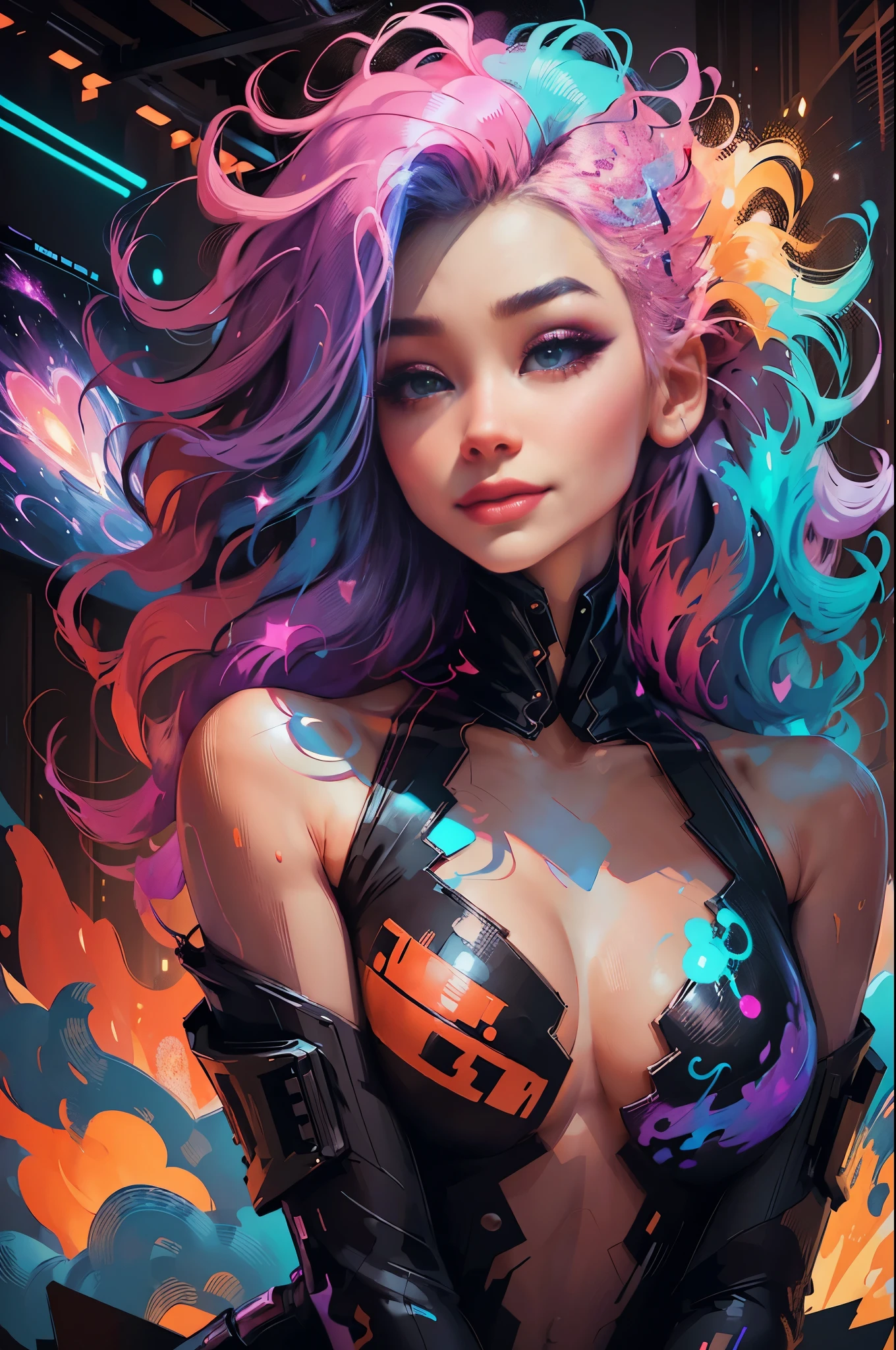 A stunning woman with vibrant neon hair, enchanting closed smile, happy lips, looking to the right, glowing in the midst of galaxy formations, painted by david diaz and sakimichan, detailed and realistic textures, vibrant colors, surreal and mysterious, hyperrealistic, modern art, 8k digital painting, trending in Artstation, cinematic lighting, and dynamic composition.