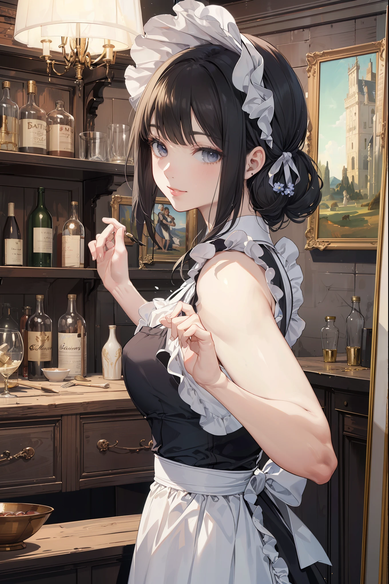 (Superlative work of the creator god: 1.4), (Absolute resolution: 1.4), (God of art's masterpiece: 1.4), Surrealist work, (Complex, detailed and realistic materials, textures, light sources: 1.3), (Perfect Anatomy: 1.2), Create an image of a character in a classic maid attire, within an antique-looking room with warm ambient lighting. The character should be a young woman with a fair complexion and shoulder-length wavy black hair . She is wearing a large white bonnet decorated with a blue ribbon and white flowers. Her maid outfit consists of a black dress with white frills and a white apron featuring black and gray accents. The apron has a large bow tied in the back. has a charming smile and is looking back over her shoulder with playful dark eyes that have pink highlights. In the background, there is a wooden counter, a vintage golden table lamp, and shelves stocked with various bottles, contributing to an elegant and nostalgic atmosphere The setting is reminiscent of a cozy, dimly-lit tavern or vintage cafe. The aspect ratio for the image should be portrait. Pose that captivates men: 1.3), Smile, enchanting genius, ultra-detailed skin, (Best lighting by famous artists: 1.2), 8K, ((Acting instruction of attractive poses by famous masters: 1.6)),
