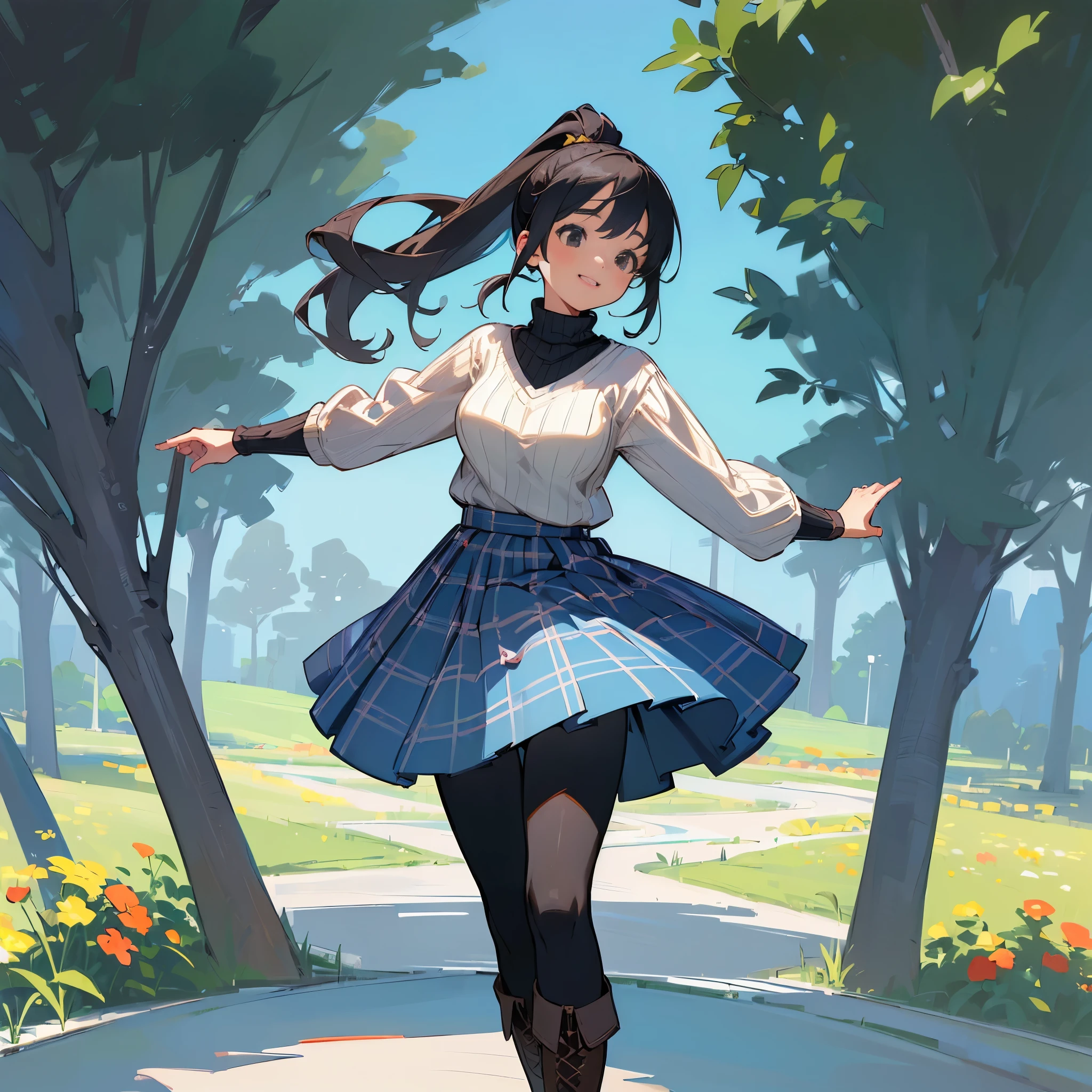 (high quality, high resolution, Super detailed, Reality:1.37), peaceful atmosphere, (outdoor, garden), Teenage girl standing alone, (My breasts are big.), Beautiful detailed features, cute smile, (black hair ponytail), ribbed sweater, blue plaid skirt, Black tights, brown boots.