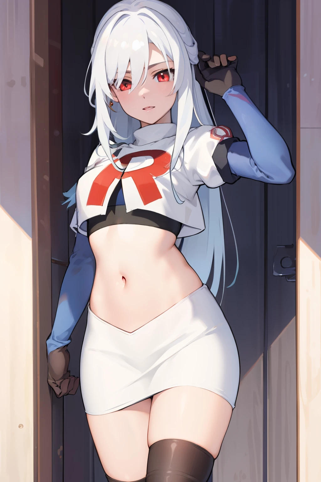 (8k uhd, masterpiece, best quality, high quality, absurdres, ultra-detailed, detailed background), JingliuV5, 1girl, solo, red eyes, looking at viewer, navel, jewelry, team rocket,team rocket uniform,white skirt,crop top,black thigh-highs,black elbow gloves