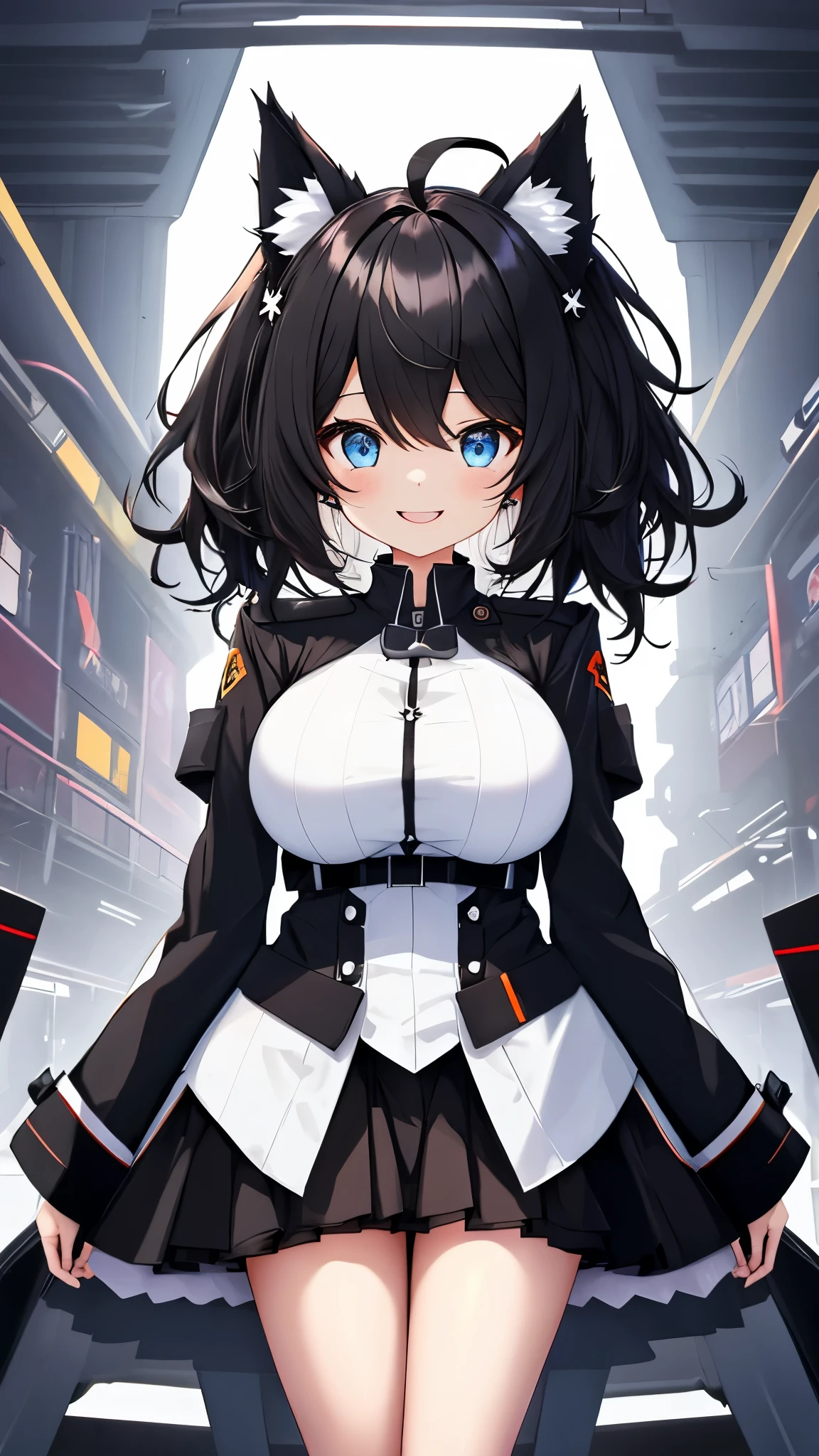 on lap,((((upright)))), ((((stand up)))), looking at the viewer, simple background、white background, 1 girl, open your mouth, smile, Virtual YouTuber、with a girl、((highest quality, expensive_solve, clear_image)),(black hair), (black cat ears), (Ahoge), (ridiculously short hair), (wavy hair), (blue eyes),、laughter、very big breasts、((concept art))、((front))、Wearing a black military uniform dress。