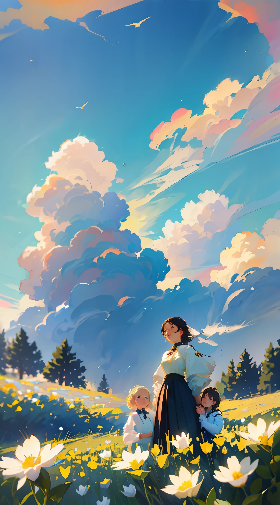 Big clouds, blue sky, flowers, empty, lost woman with her daughter, only nature