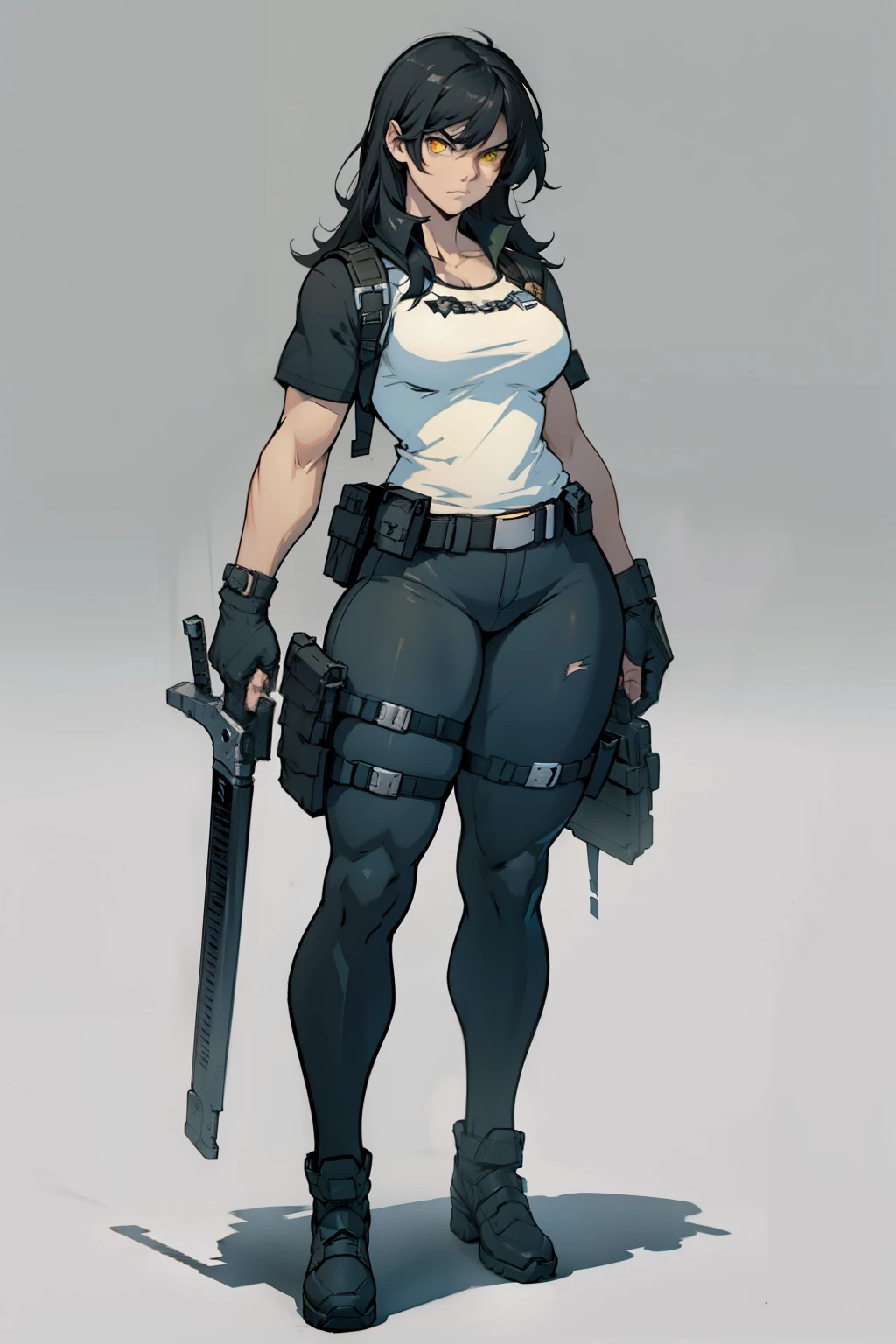 muscular girl thick black hair yellow eyes pale sad weapon holster thick weapon holster weapon weapon weapon