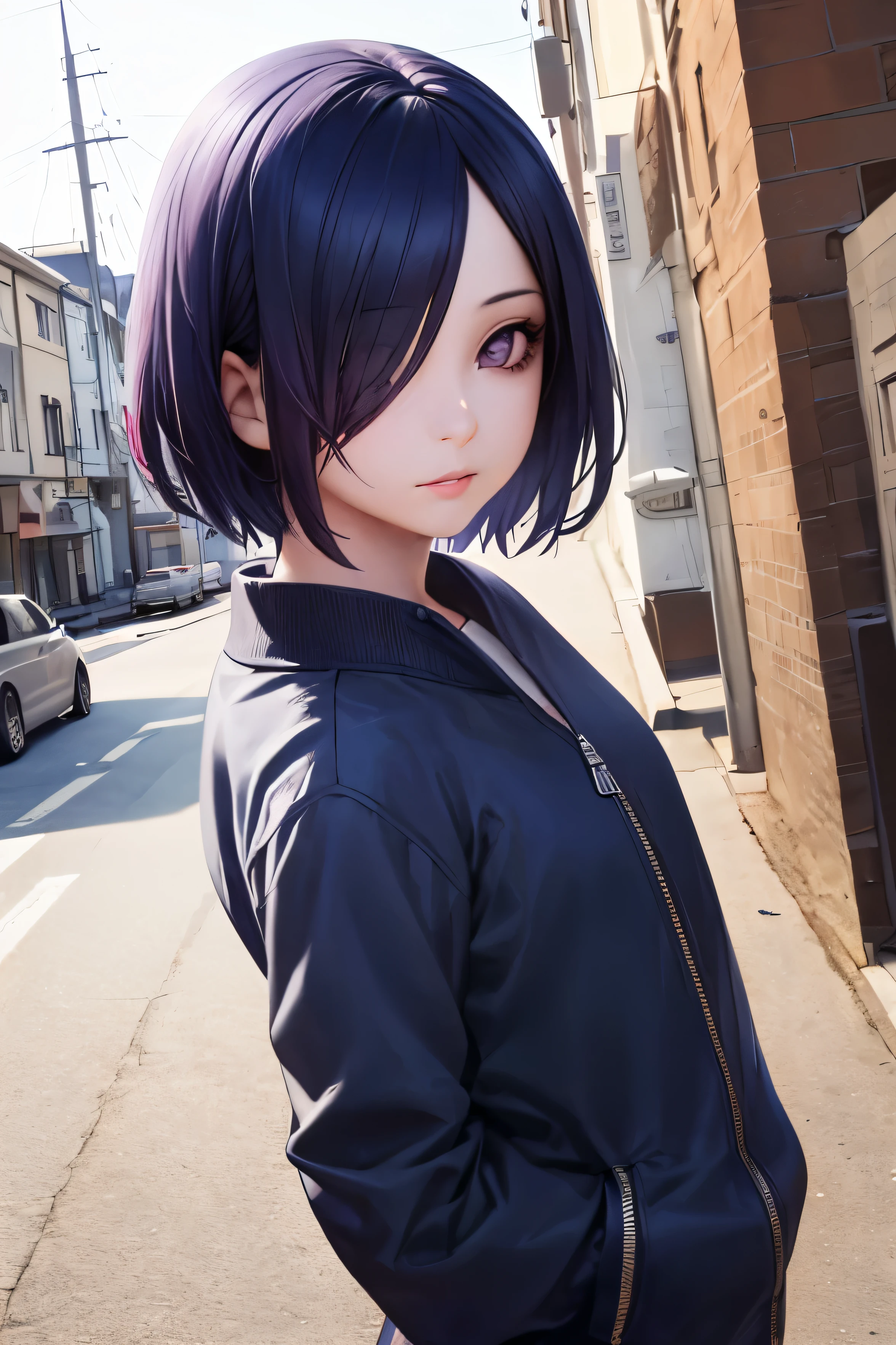1girl, ((best quality)), ((masterpiece)), ((realistic)), (detailed), (perfect face), (one eyes gone with long bangs), (Touka Kirishima), navy purple hair, beautiful face, purple eyes, blue jaket, black mini skirt, badass poses, building background, portrait