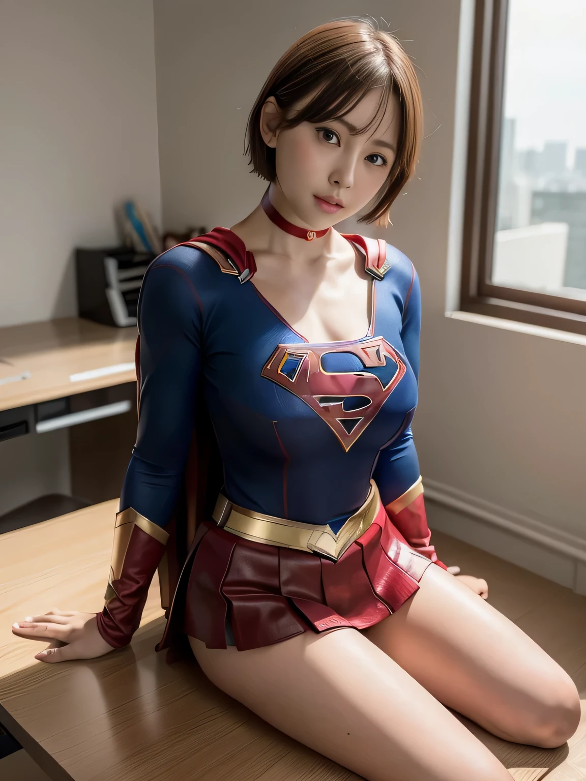 masterpiece、supergirl costume、short hair、barefoot、big and full breasts、Research room、operating table、straddle、Tattered、shiny、look at the camera、Seduce、choker、red mini skirt、long sleeve、Cowgirl、Estrus