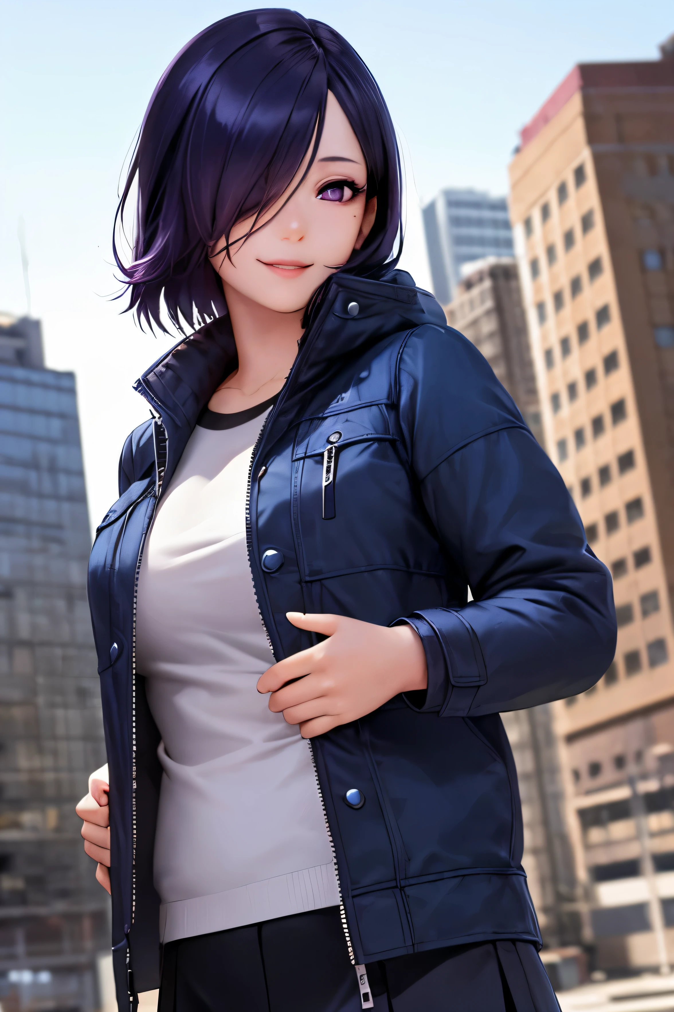 1girl, ((best quality)), ((masterpiece)), ((realistic)), (detailed), (perfect face), (one eyes gone with long bangs), (Touka Kirishima), smile, navy purple hair, beautiful face, purple eyes, blue jaket, black mini skirt, badass poses, dynamic angle, building background, portrait