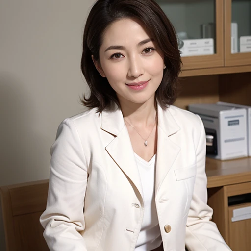 ((she is a doctor)), masutepiece, Best Quality, Ultra-detailed, finely detail, hight resolution, 8K Wallpaper, Perfect dynamic composition, Beautiful detailed eyes, (Doctor's attire),(doctor in a lab coat:1.1), mid-chest, Natural Color Lip, Random and sexy poses,Smile,28 years beautiful women、good tits、Examination room、stethoscope