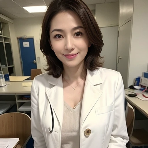 ((she is a doctor)), masutepiece, Best Quality, Ultra-detailed, finely detail, hight resolution, 8K Wallpaper, Perfect dynamic composition, Beautiful detailed eyes, (Doctor's attire),(doctor in a lab coat:1.1), mid-chest, Natural Color Lip, Random and sexy poses,Smile,28 years beautiful women、good tits、Examination room、stethoscope