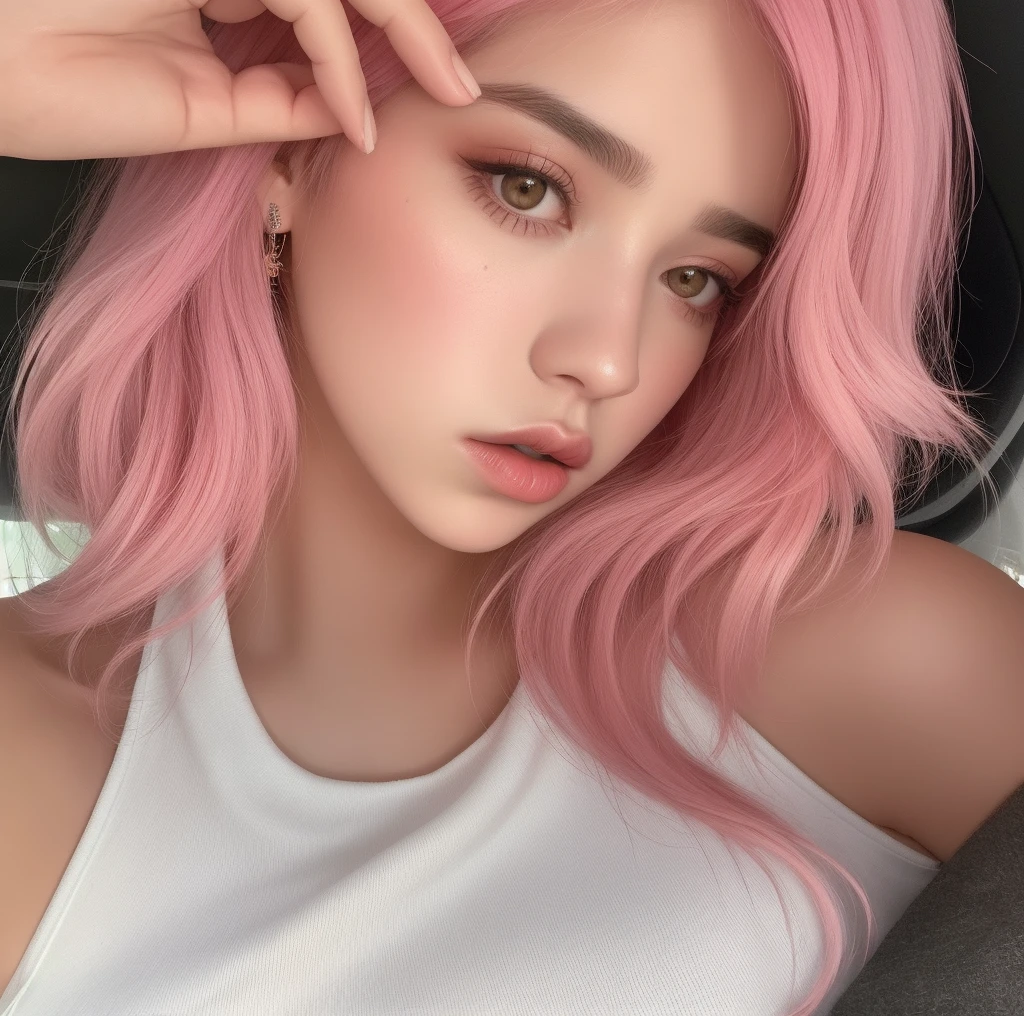 arafed woman with cabello rosado and a white tank top, cabello rosado y ralo, cabello rosado, with cabello rosado, Cabello chicle, light cabello rosado, light cabello rosado with pink flames, glowing cara rosada, cabello pastel, short cabello rosado, algo de rosa, cotton candy, Dua Lipa, cara rosada, pelo corto rosa, reflejos rosa brillante