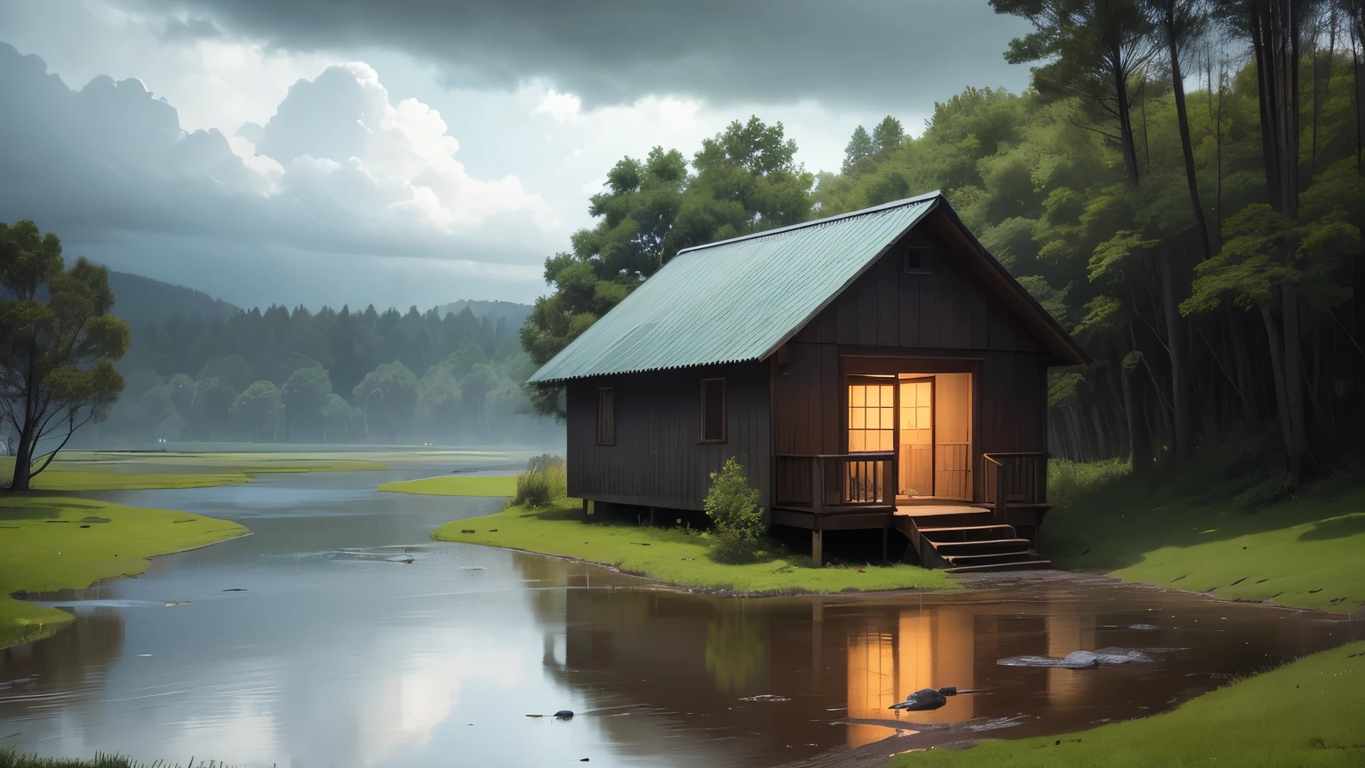 storm in the forest, a cabin with lit windows, a small lake in front of the cabin, and vegetation wet from the rain, the leaves of the trees swaying from the rain, cloudy sky