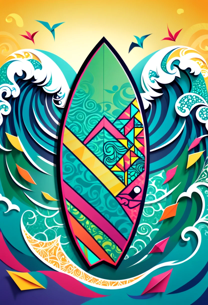 a surfboard with a shield drawn on the bottom where it says, "seaart". (best quality,4k,highres),zentangle art,surfboard,origami,a surfboard with a shield drawn on the bottom where it says, "seaart",detailed patterns,dark color palette,creative lighting,sharp focus,line art,fine details,vibrant colors,abstract representation,beach scene,water waves,summer vibes,relaxing atmosphere,crisp edges,artistic composition,contrast of textures,stylized elements,hand-drawn feel,natural elements,beautiful craftsmanship,impressive intricacy,unique design,inspired by nature,artistic expression,harmonious balance,wave-inspired motifs,abstract and symbolic elements, a surfboard with a shield drawn on the bottom where it says, "seaart"
