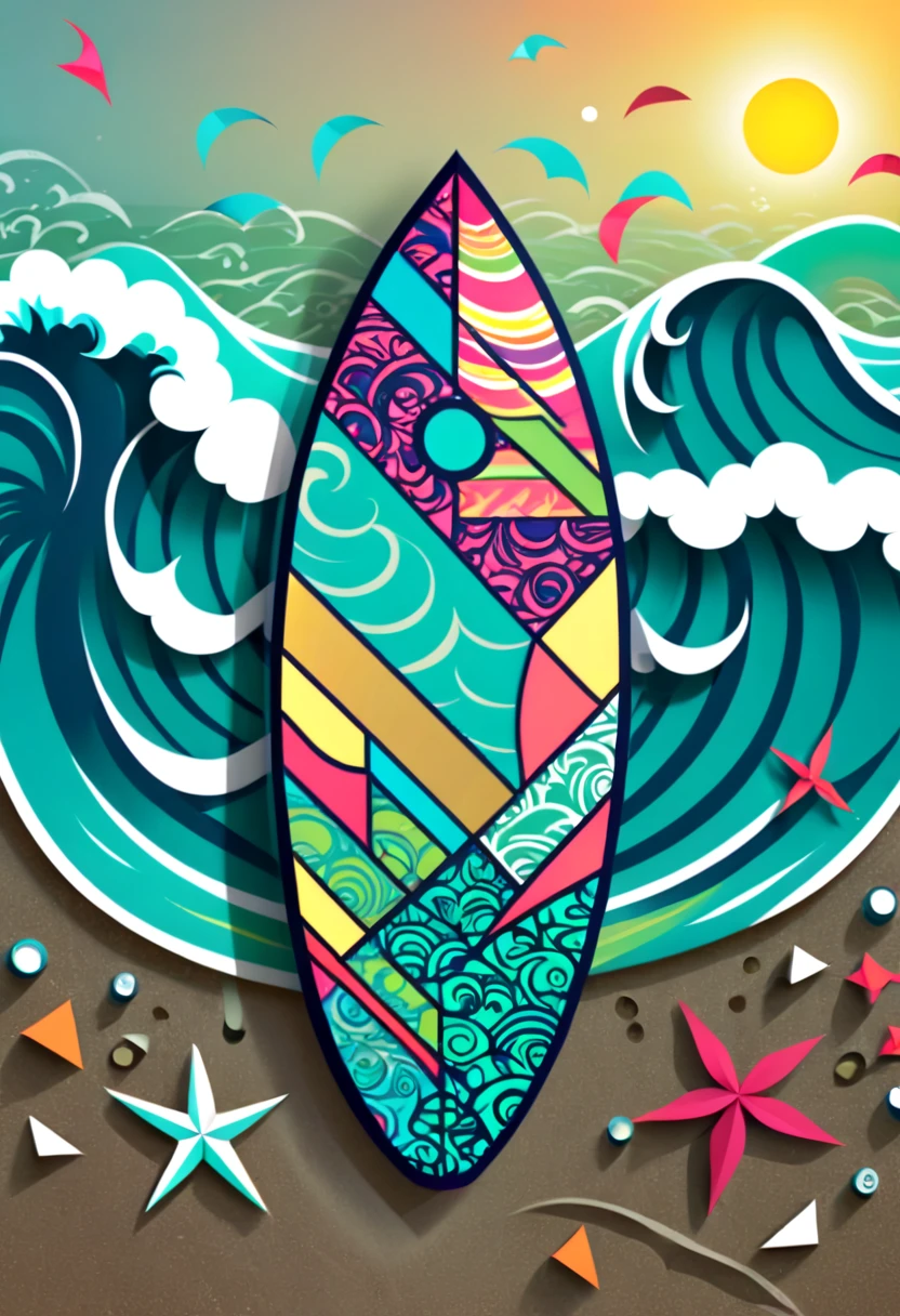 a surfboard with a shield drawn on the bottom where it says, "seaart". (best quality,4k,highres),zentangle art,surfboard,origami,a surfboard with a shield drawn on the bottom where it says, "seaart",detailed patterns,dark color palette,creative lighting,sharp focus,line art,fine details,vibrant colors,abstract representation,beach scene,water waves,summer vibes,relaxing atmosphere,crisp edges,artistic composition,contrast of textures,stylized elements,hand-drawn feel,natural elements,beautiful craftsmanship,impressive intricacy,unique design,inspired by nature,artistic expression,harmonious balance,wave-inspired motifs,abstract and symbolic elements, a surfboard with a shield drawn on the bottom where it says, "seaart"