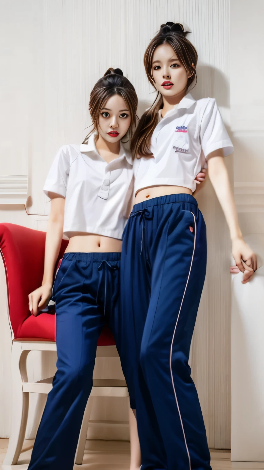 Two girls are sitting on chairs., Navy blue short-sleeved shirt,Navy Long Trackpant,Sweatpants, Sweatpantsขายาว, หญิงรักhave sex, coax, Sexual arousal, Realistic poses, exercise clothes, exercise clothes, have sex