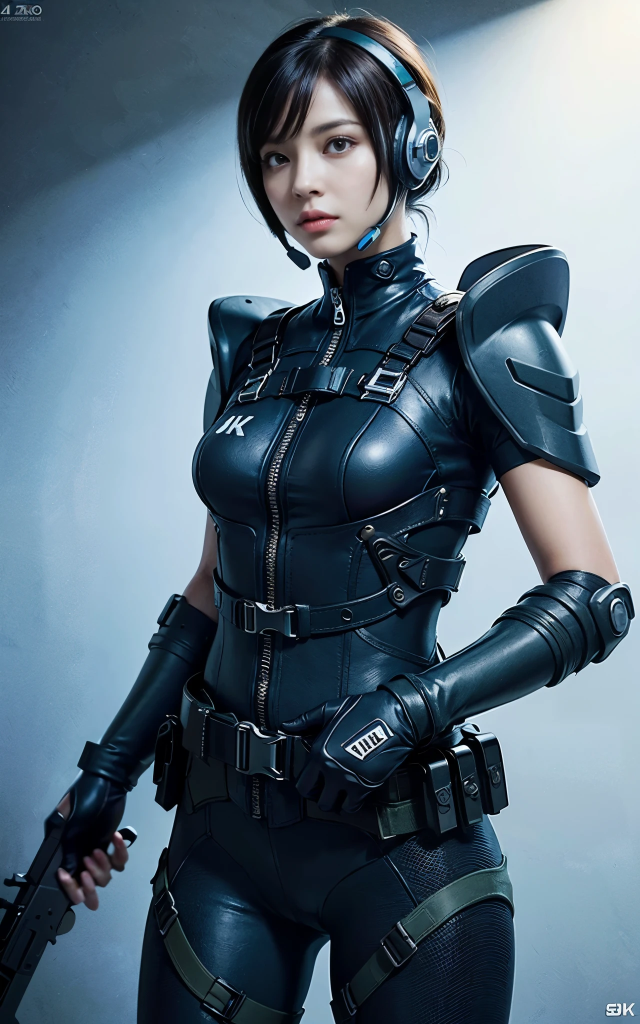 ((Best Quality, 8K, Masterpiece: 1.3)), ((best quality)), photorealistic, photorealism, Photorealistic, high resolution, 1girl aiming with an M4 assault rifle, Combat pose, looking to the viewer, (Detailed face), short black hair, perfect proportion, plump body:0.7, red rubber suit, tactical vests, military harness, revealed thigh, Gun,black gloves, high-tech headset, Fingers are occluded, concrete wall background,