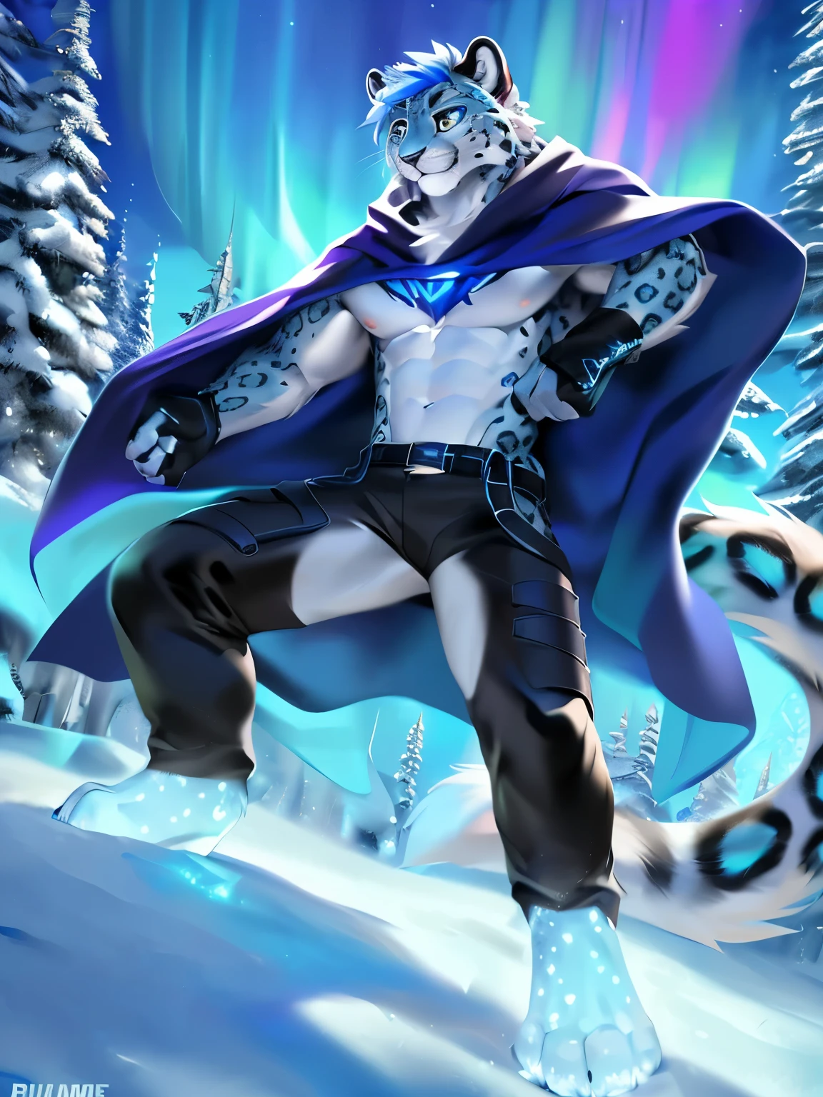 ((solo)), by Pino Daeni, by Ruan Jia, by Shiitakemeshi, by Alayna Lemmer, by Carlo Galli Bibiena, dynamic portrait of a handsome ((male anthro furry snow_leopard)) in an icy forest. Full body. Biceps, muscular, large pecs. Young, thin. he is wearing leather cloak, (((handsome, proud, detailed face, detailed clear eyes and pupils, detailed hair, (fluffy))), (magical vibe), hair, tuft ), insane details, 8k, unreal engine, cold volumetric light, masterpiece , blurred background, cinematic composition.(detailed Chunie lighting), (detailed fur), (((crepuscular ray))), adorable paws:1.3, realistic proportion,aurora,