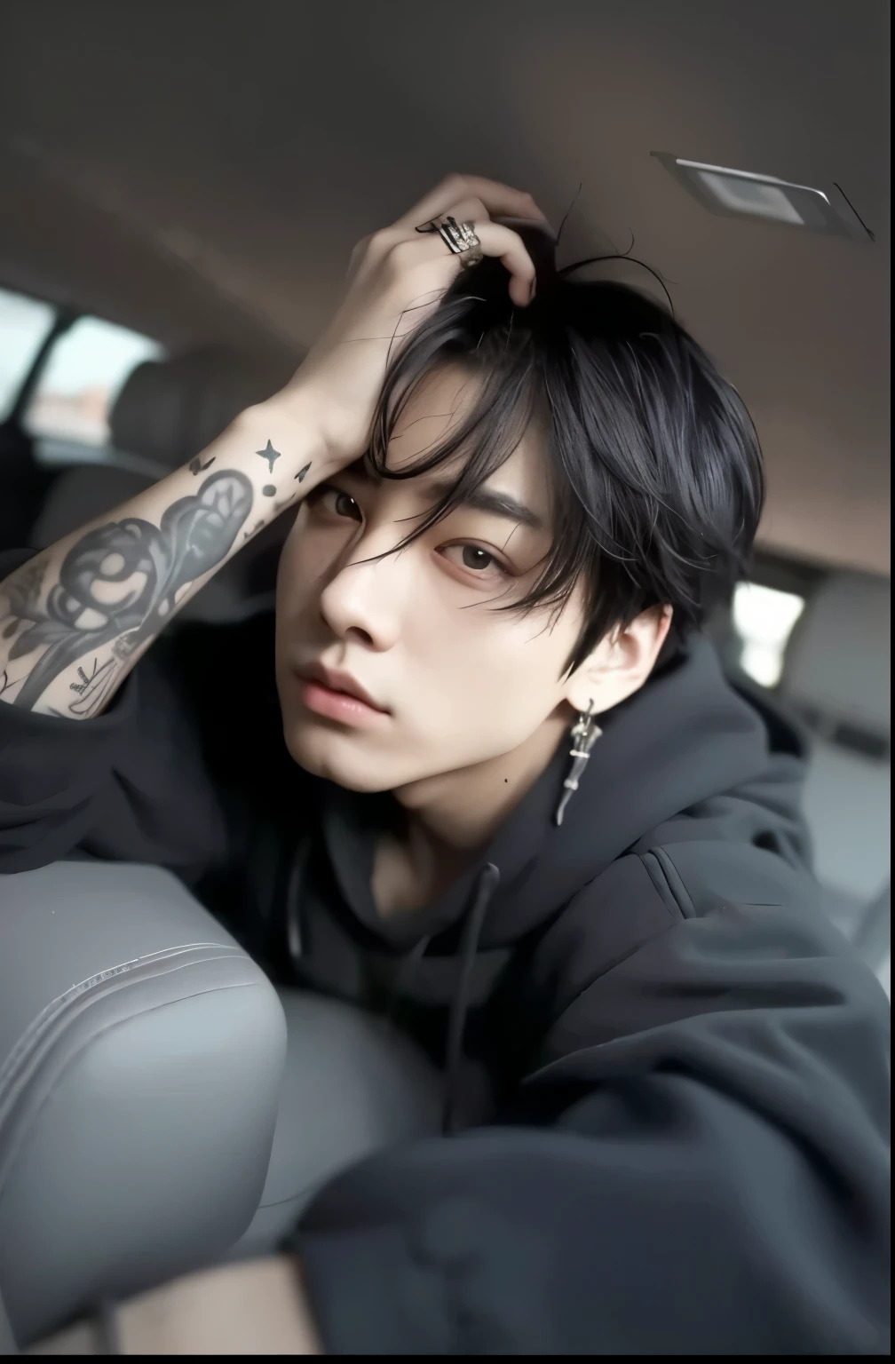 A close-up of an Asian man with black hair, cruel orean goth boy, face with detailed features, Jungkook, corte de cabelo preto hime, cabello blackbangs cabello, goth boy aesthetic, Ele tem cabelo preto com franja, Jeon Jungkook, detalhado, 1 Goth Anime Boy, Sui Ishida com cabelo preto, 🤤 retrato de , 1 20 year old goth boy, Penteado branco com corte hime, Jungkook, coreano bonito
