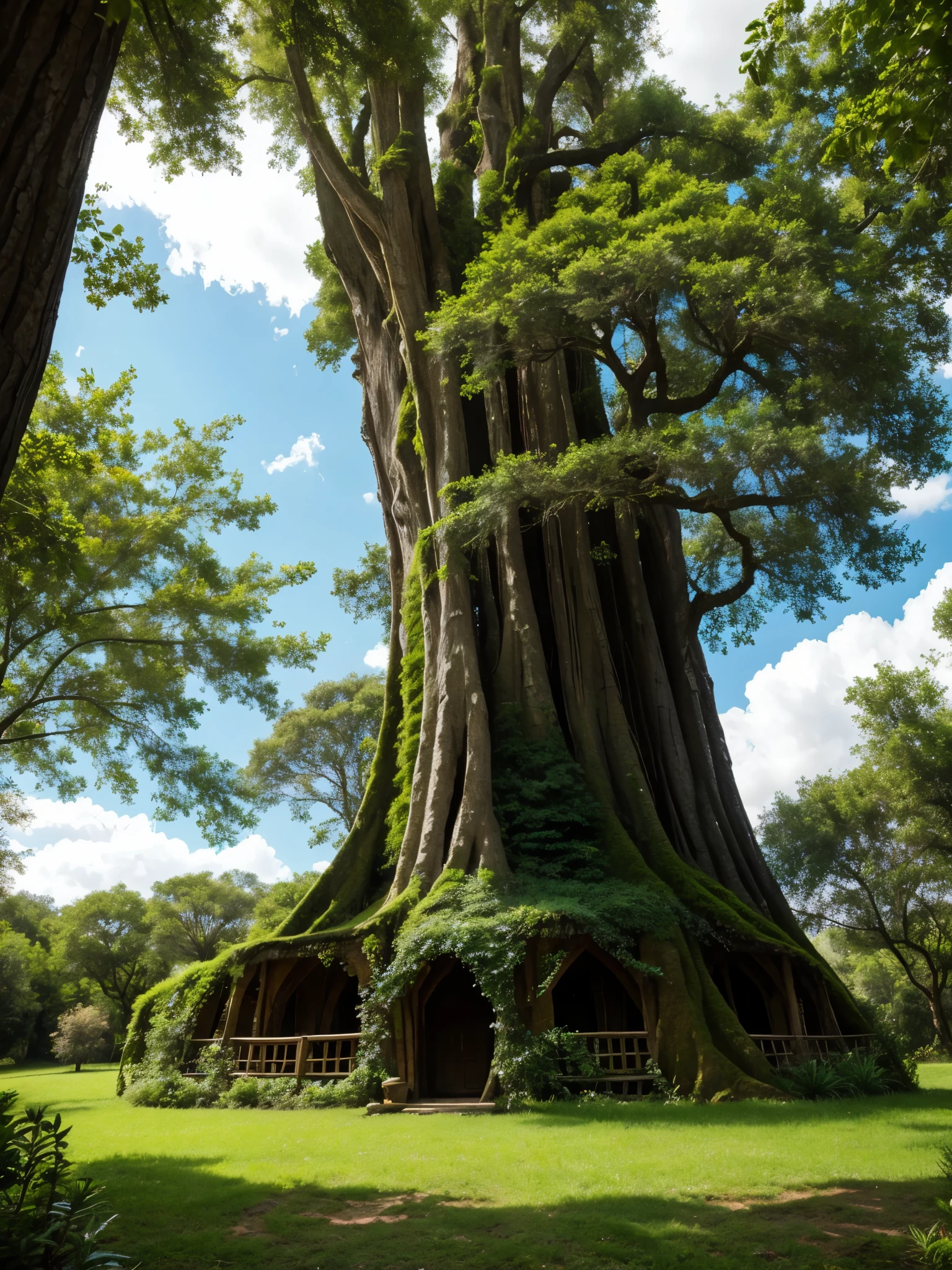 A magical place,  with an old tree, and some unique plants