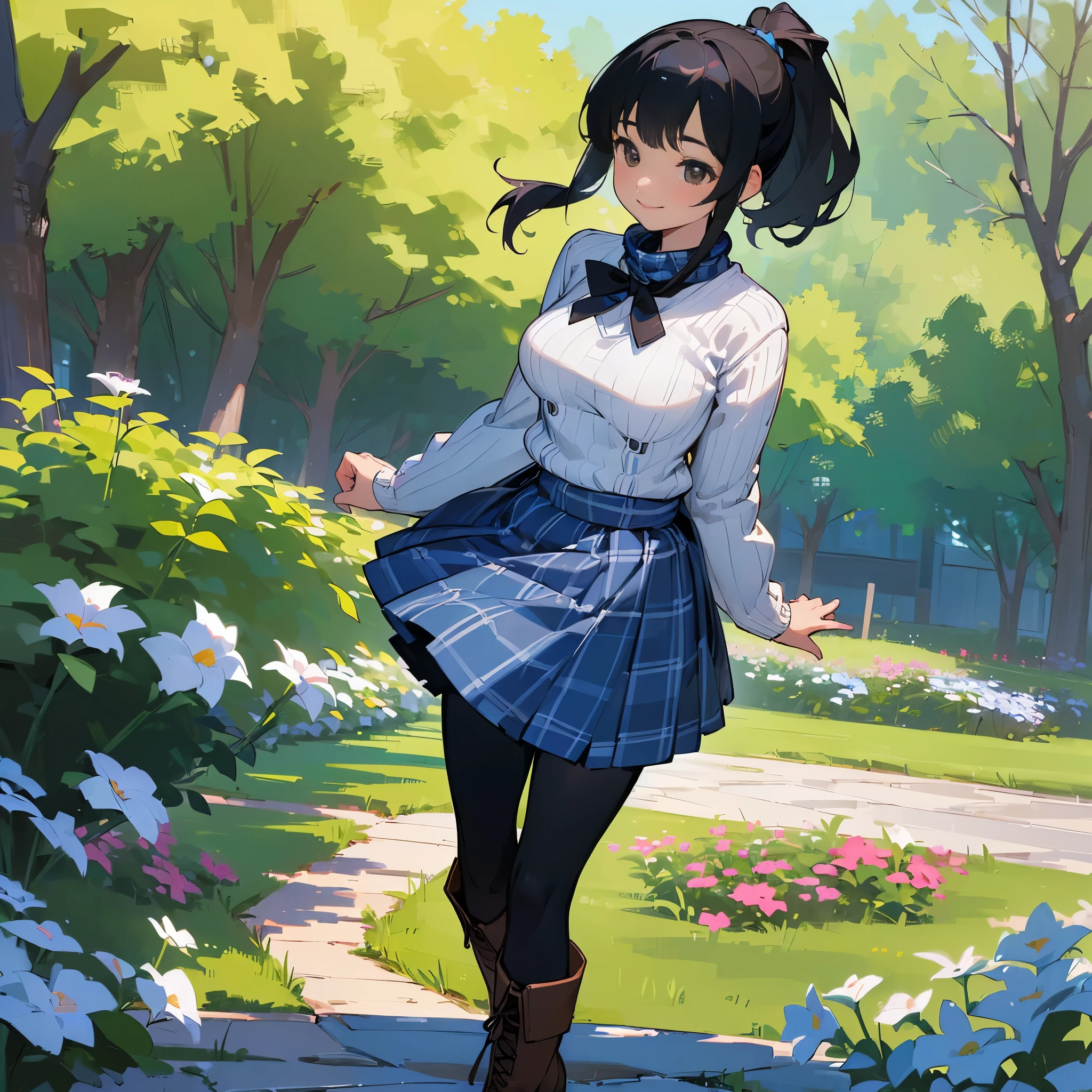(high quality, high resolution, Super detailed, Reality:1.37), peaceful atmosphere, (outdoor, garden), Teenage girl standing alone, (My breasts are big.), Beautiful detailed features, cute smile, (black hair ponytail), ribbed sweater, blue plaid skirt, Black tights, brown boots.
