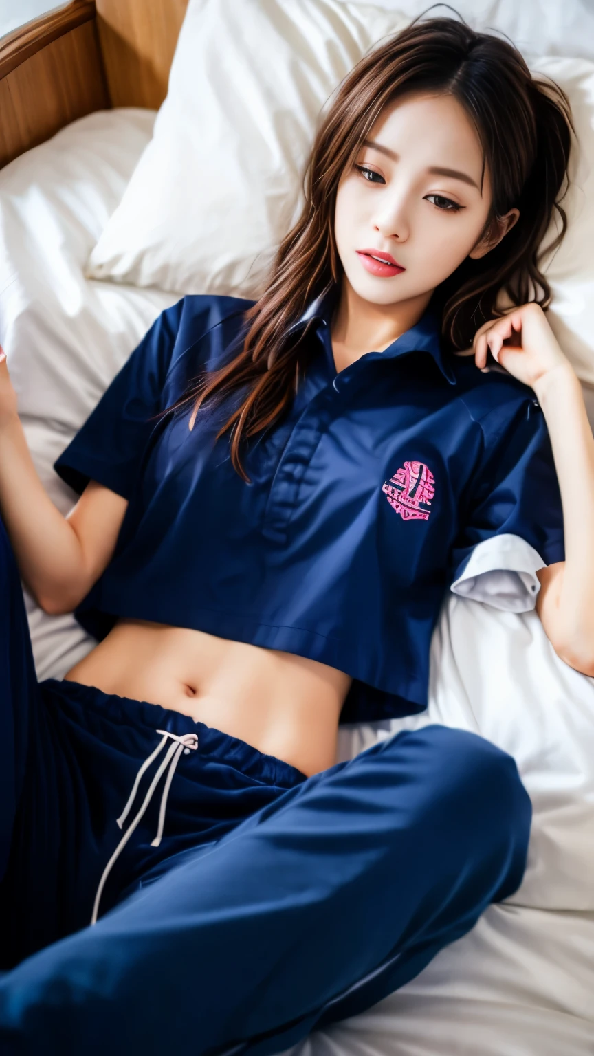 2 girls in bed, Navy blue short-sleeved shirt,Navy Long Trackpant,Sweatpants, Sweatpantsขายาว, lying in bed., หญิงรักhave sex, coax, Sexual arousal, Realistic poses, exercise clothes, exercise clothes, have sex