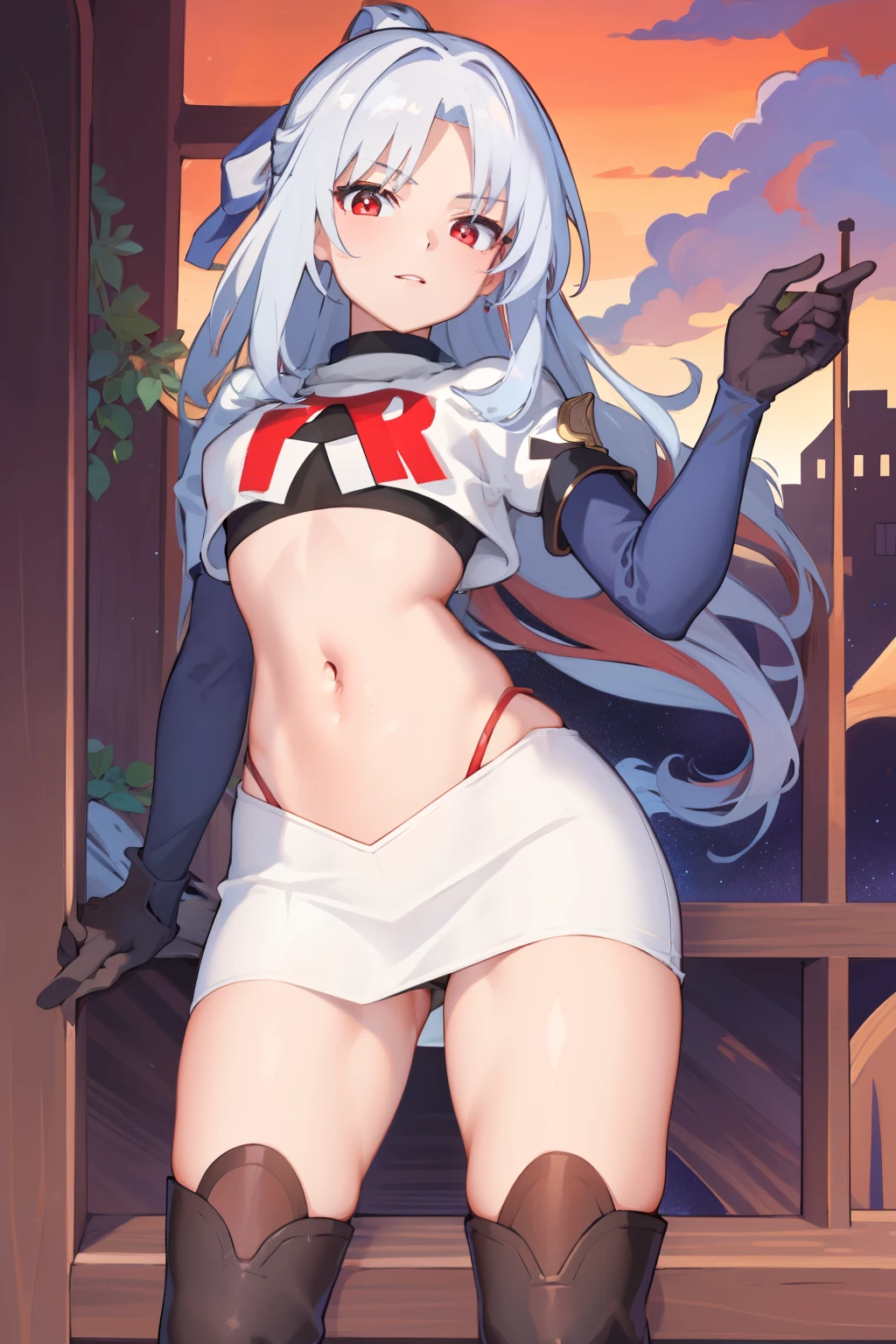 (8k uhd, masterpiece, best quality, high quality, absurdres, ultra-detailed, detailed background), JingliuV5, 1girl, solo, red eyes, looking at viewer, navel, jewelry, team rocket,team rocket uniform,white skirt,crop top,black thigh-highs,black elbow gloves
