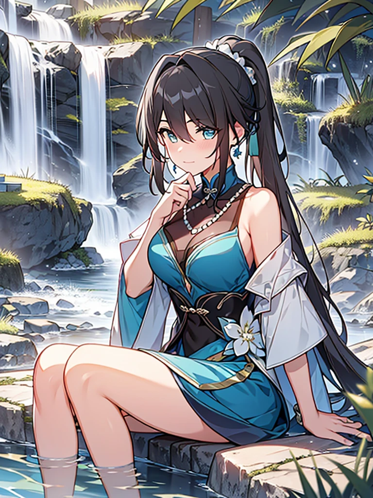 Chinese ancient times, spring, jungle, lake, cave, waterfall, tree, meadow, rock, deer, hot spring, water vapor, (illustration: 1.0), epic composition, realistic lighting, HD details, masterpiece, best quality, (very detailed CG unified 8k wallpaper), 1girl sitting on the grass, black haired girl, bare shoulders, ruan mei dress, close up, upper body, blue green mixed eyes, front hair covers one eye, one big black ponytail, waves striking on rocks, (water particles:1.2), (saturation:1.4), FULL BODY, legs in river, blushed