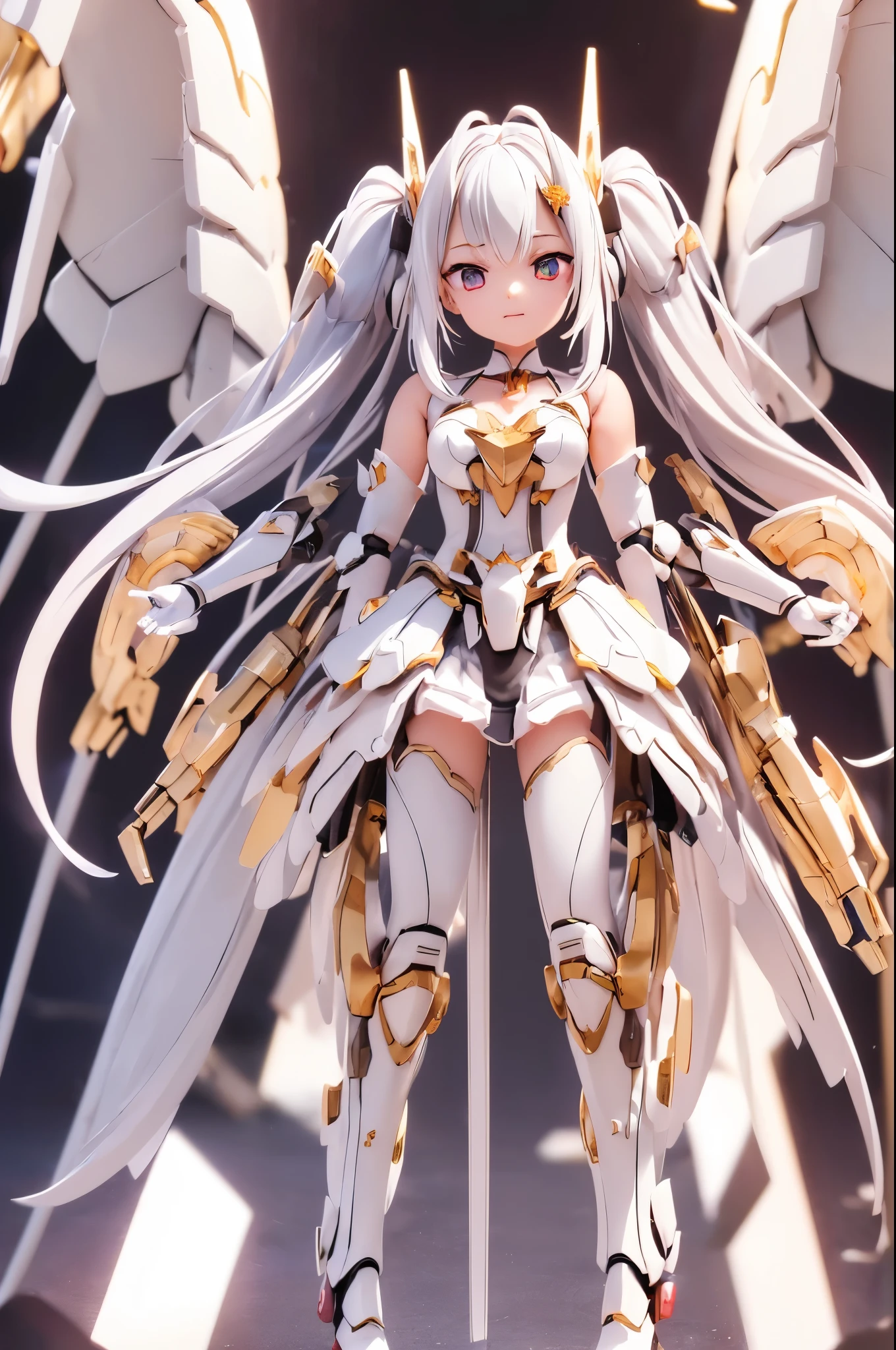 (masterpiece: 1.4), (highest quality: 1.4), (She is fused with futuristic Gundam mecha), (very cute girl, super detailed face, eyes like jewels, white very long hair, Colorful gradient hair: 1.4), (Gundam style), with headgear, with v-fin ,armored shoulders,armored under arms, armored under legs, mechanical wings, (battle pose:1.3), (whole body:1.5, perfect 2 arms, perfect 2 legs: 1.4), (perfect four fingers: 1 thumb), light, shine, Bokeh, super fine
