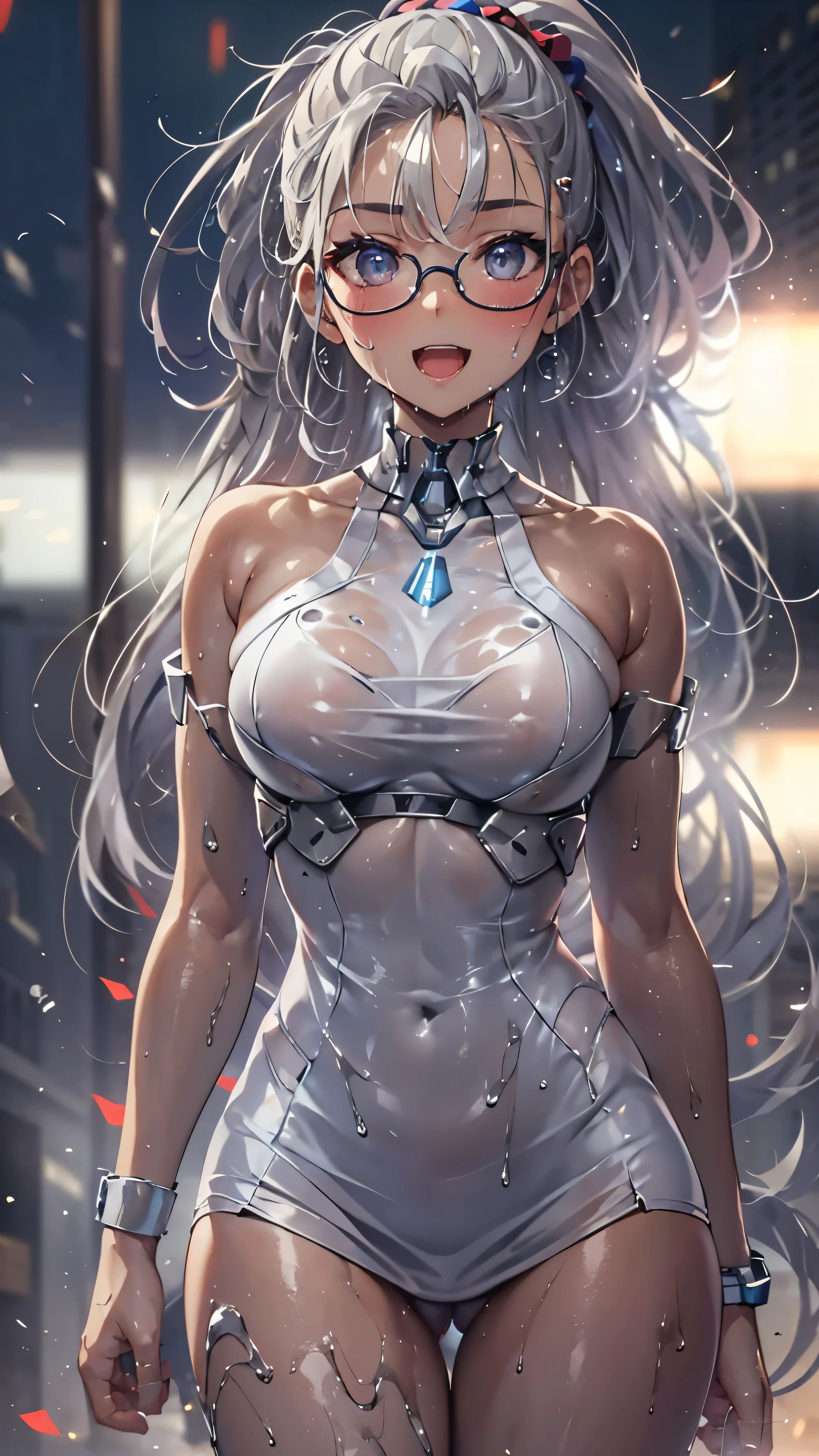 woman,,,city,night,(((white tight miniskirt bodysuit))),(wet with sweat),open mouth smile((See-through))Glasses,((Beautiful long ponytail)),((baby girl bo)