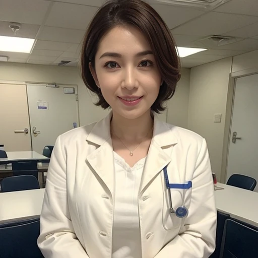 ((she is a doctor:1.3)), in hospital lab, (doctor in a white lab coat:1.1), (Doctor's attire), masutepiece, Best Quality, Ultra-detailed, finely detail, hight resolution, 8K Wallpaper, Perfect dynamic composition, Beautiful detailed eyes, mid-chest, Natural Color Lip, Random and y poses, Smile,28 years beautiful women, good titxamination room, stethoscope