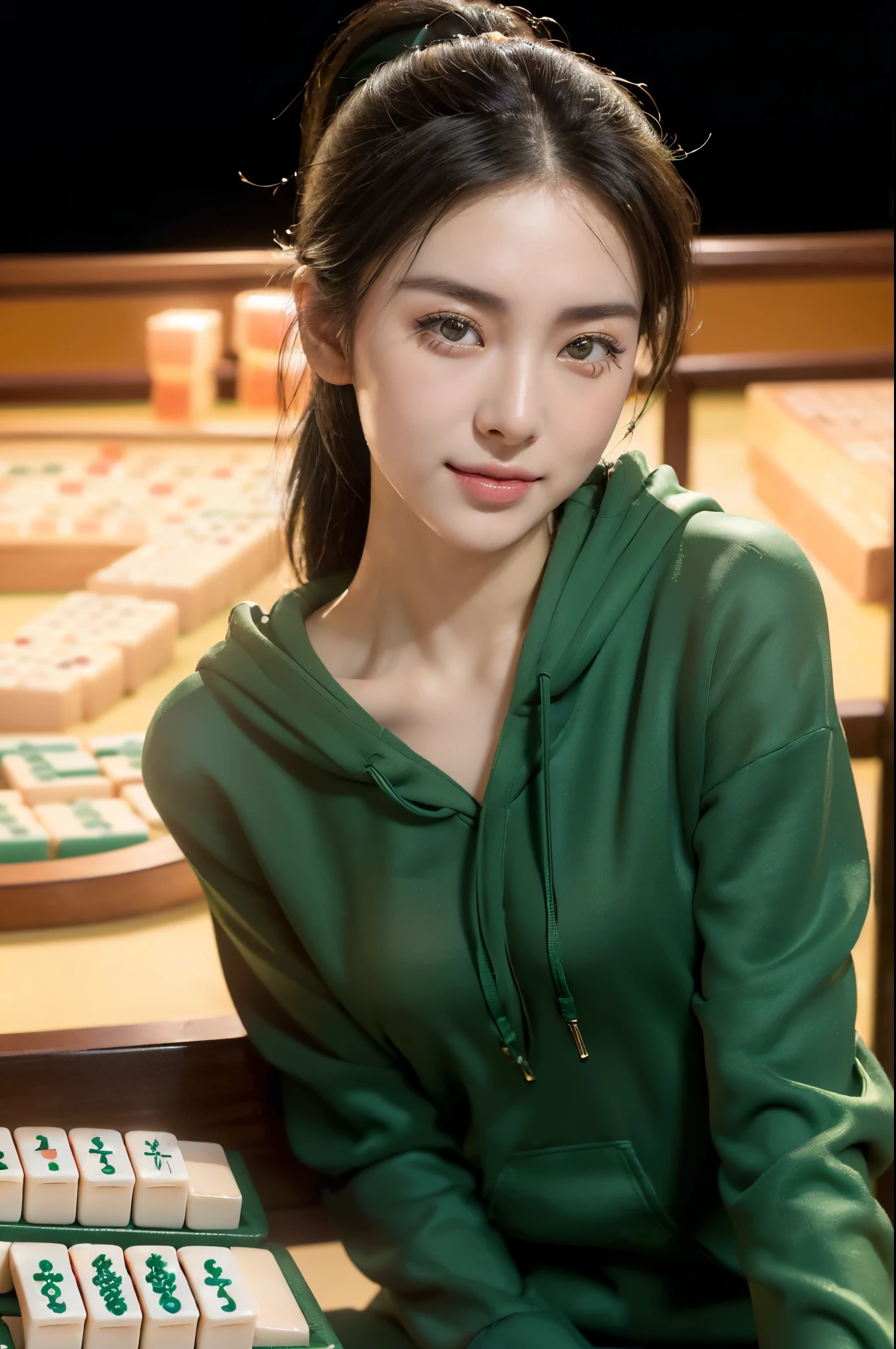 ((((8k))),((Extremely meticulous CG)) ,(wallpaper),16k,((Extremely refined and beautiful))，(((Masterpiece))),(((best qualtiy))),(((Ultra High Resolution))),beautiful light up,Perfect lightning,realistic shaded,Rembrandt lighting,(dim light:1.5),cinematic atomosphere,[A high resolution],(Smooth and flawless fair skin:1.5),(pale skin:1.3),Extremely exquisite facial details,(perfect body:1.1),ultra-detailed,A beautiful girl,solo,small head,(black short ponytail:1.1),small face,Exquisite makeup,glasses,(small breasts:1.1),flat chests,slim,thin,(happy,smile),(Green hoodie:1.3),(slender legs:1.3),(pantyhose:1.3),(white sneakers:1.2),(night scene:1.5),(detailed background:1.5),(Sitting on a chair next to a mahjong table:1.3),(In the mahjong parlor:1.3),(detailed mahjong table:1.3),(upper body:1.3),(from front:1.3),