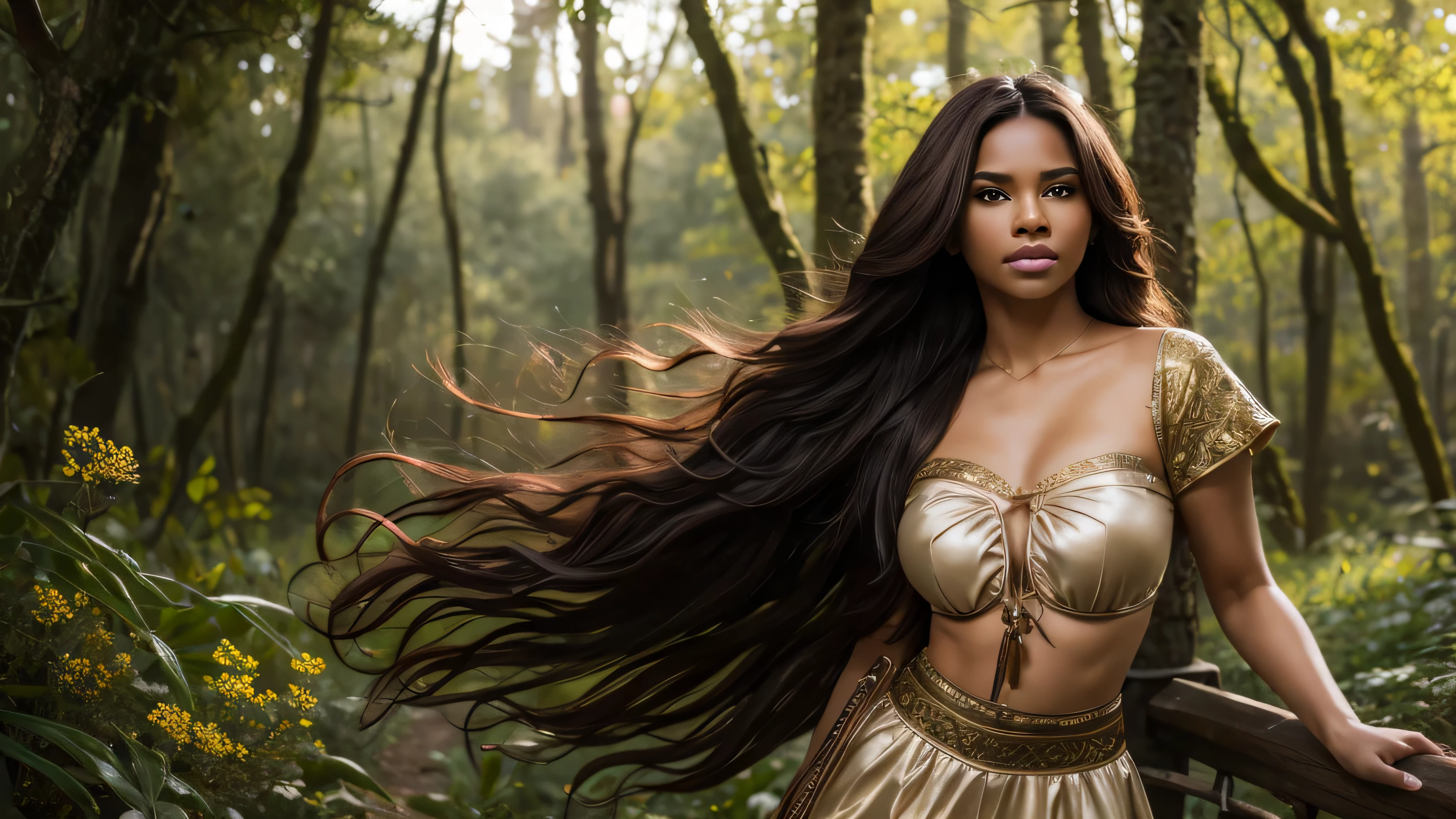 dark skin, detailed beautiful young woman, reddish golden brown hair, long, wavy and messy hair, detaiiled perfect green eyes, delicate symmetric realistic and beautiful face, (magic forest backgroung),  ranger outfit leather armored, fairy, wild flowers blending into hair, full body, masterpiece, absurdres,fine detail, rich colors, dramatic lighting, extremely detailed, cinematic lighting