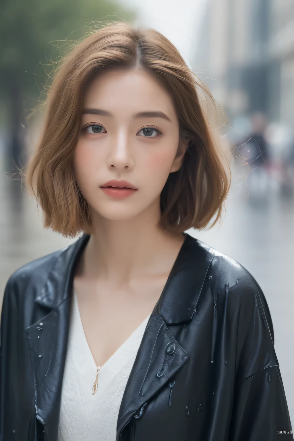 ((highest quality, 8K, masterpiece:1.3)), concentrate: 1.2, perfect body beauty: 1.4, buttocks: 1.2, ((layered haircut, chest: 1.2)), (wet clothes: 1.1) , (rain, street:1.3), bandeau dress: 1.1, Highly detailed face and skin texture, delicate eyes, double eyelid, whitened skin, long hair