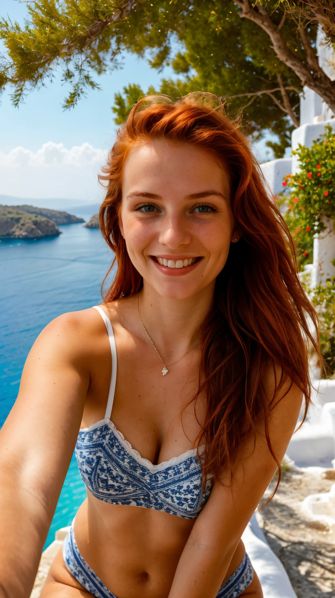 a beautiful 20 years old red head woman in a greek island taking a selfie smiling
