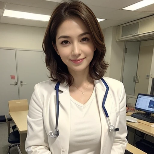 ((she is a doctor:1.3)), in hospital lab, (doctor in a white lab coat:1.1), (Doctor's attire), masutepiece, Best Quality, Ultra-detailed, finely detail, hight resolution, 8K Wallpaper, Perfect dynamic composition, Beautiful detailed eyes, mid-chest, Natural Color Lip, Random and sexy poses, Smile,28 years beautiful women, big tits, Examination room, stethoscope