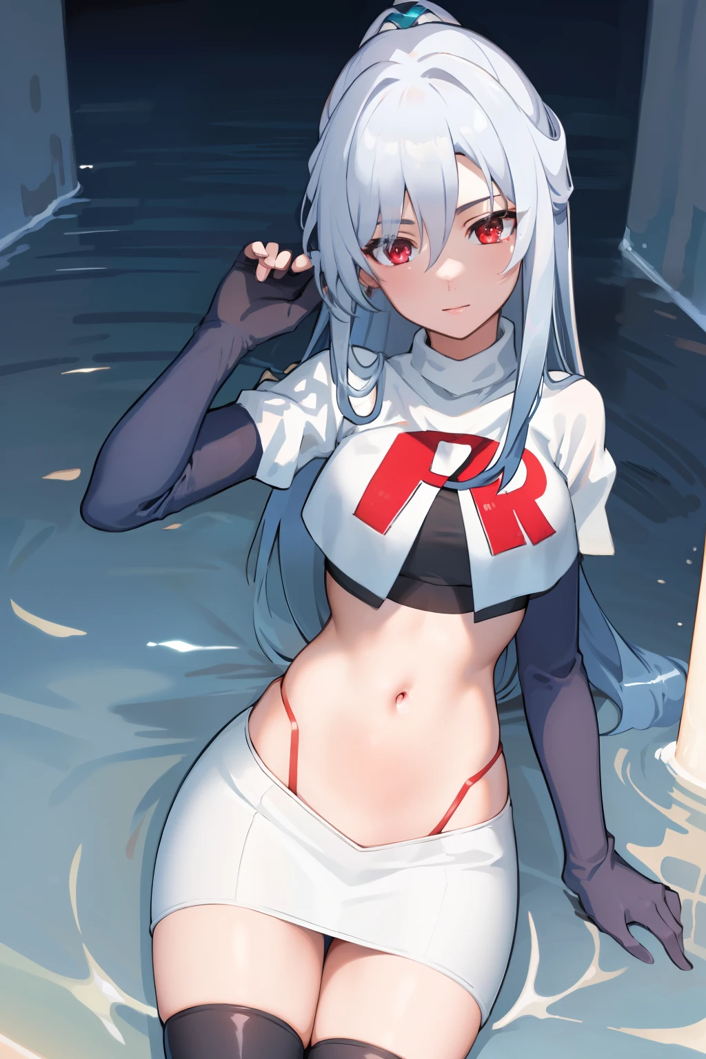 (8k uhd, masterpiece, best quality, high quality, absurdres, ultra-detailed, detailed background), JingliuV5, 1girl, solo, red eyes, looking at viewer, navel, jewelry, team rocket,team rocket uniform,white skirt,crop top,black thigh-highs,black elbow gloves