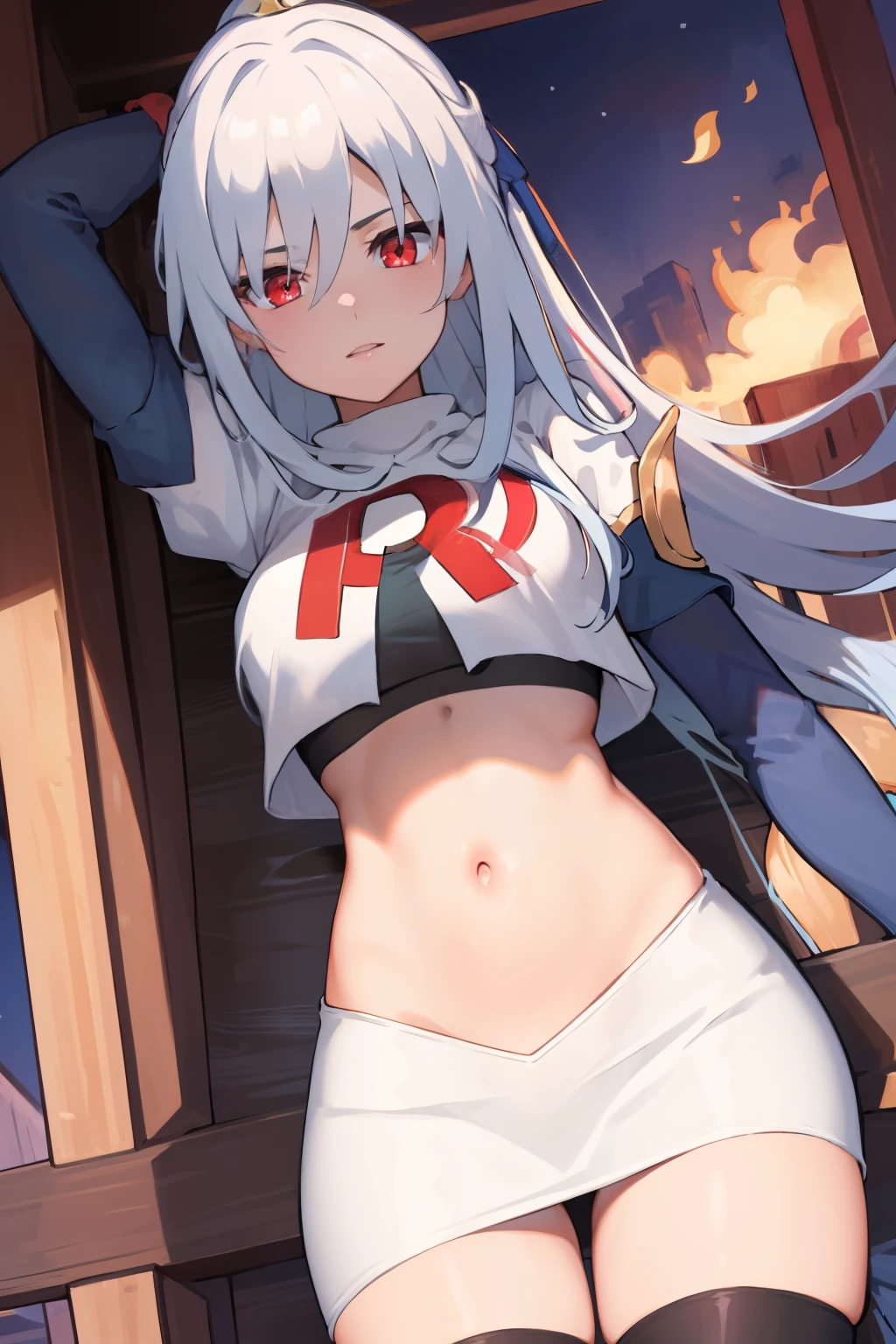 (8k uhd, masterpiece, best quality, high quality, absurdres, ultra-detailed, detailed background), JingliuV5, 1girl, solo, red eyes, looking at viewer, navel, jewelry, team rocket,team rocket uniform,white skirt,crop top,black thigh-highs,black elbow gloves