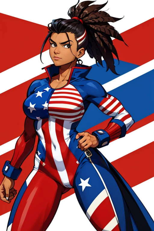 Native Woman usa superhero suit usa clothing red blue and white clothes Flag of usa long mohawk  hair brown skin black hair 