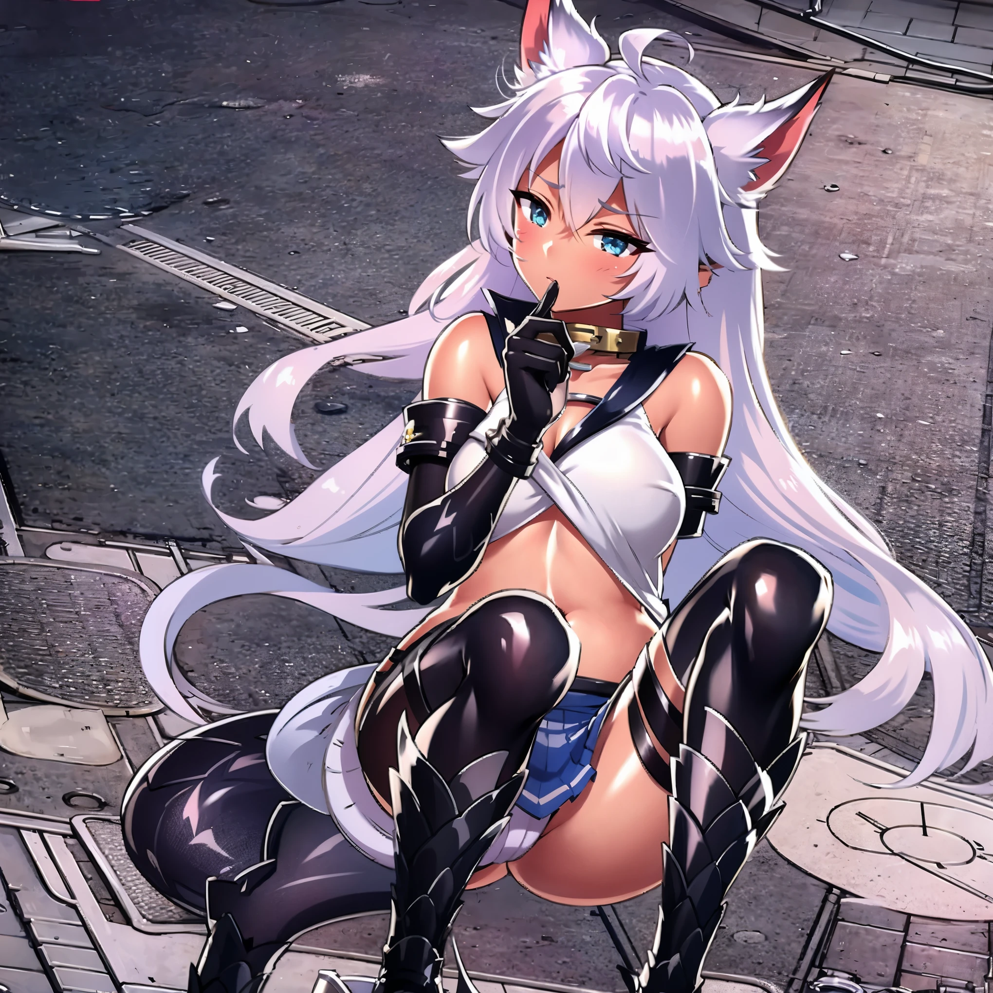 8k, resolution, high quality, high resolution, best quality, extremally detailed, best resolution, absurd resolution, ray tracing, high detailed, masterpiece, extremely detailed,shoulder length white hair, female,2 white wolf ears, age girl, slim body, ,,white scale dragon tail,black boots,black leggings, navel blue school skirt, sailor shirt, white jacket, medium size chest, detailed blue eyes, detailed beautiful face,solo female,1 dragon tail, detailed eyes, tomboyish, dragon tail, white scales