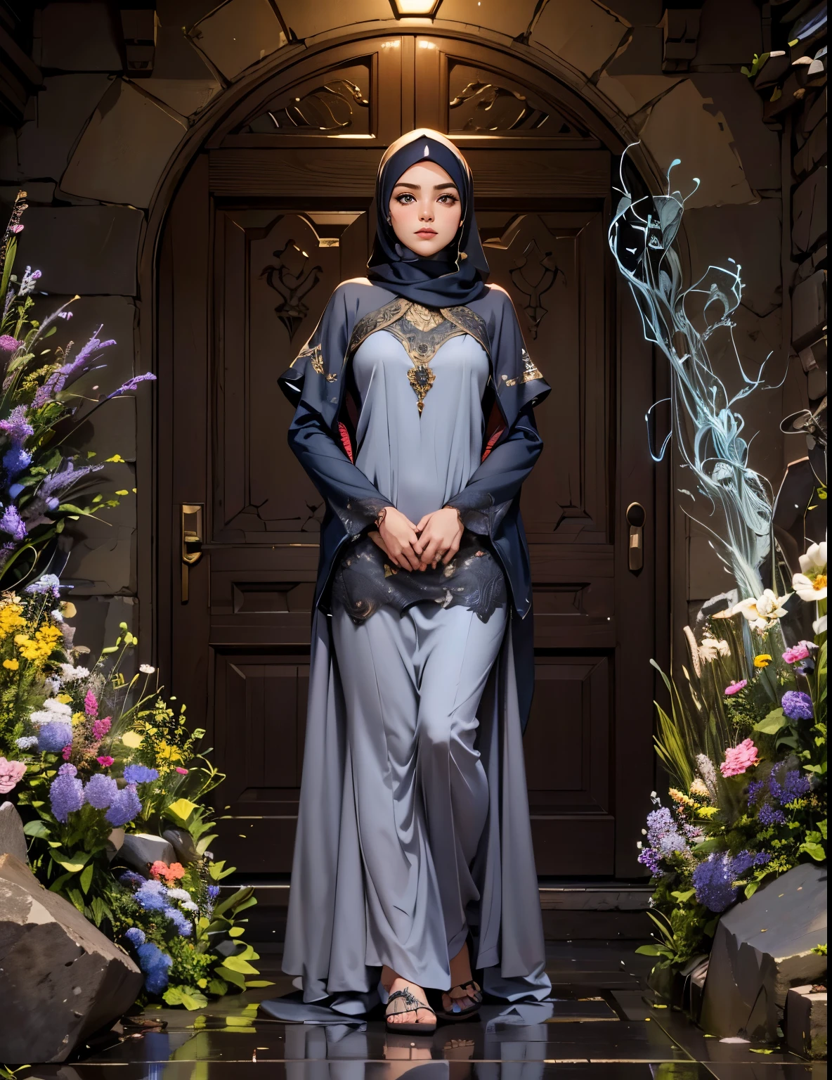3D Character Design, pixar, real cartoon, 8k, highly detailed, full length frame, High detail RAW color art, diffused soft lighting, shallow depth of field, sharp focus, hyperrealism, cinematic lighting, ((close up)) hijab, a woman, beautifully makeup, brown beautiful big eyes, long eye lashes, wearing proper (Dark blue satin hijab), loosely tide hijab style, ((gray satin kaftan dress))