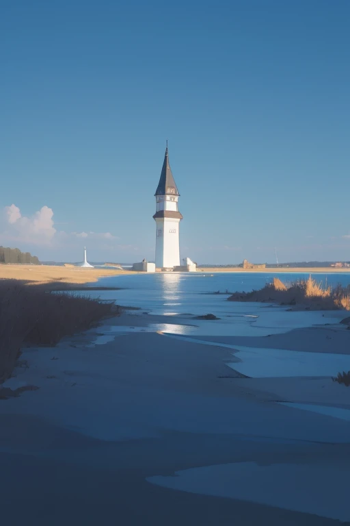 Leuchtturm auf einem steg. Kamera nah am eis. Eis. Eingefrohrener see.