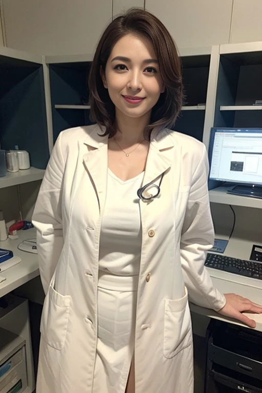 ((she is a doctor:1.3)), in hospital lab, (doctor in a white lab coat:1.1), (Doctor's attire), masutepiece, Best Quality, Ultra-detailed, finely detail, hight resolution, 8K Wallpaper, Perfect dynamic composition, Beautiful detailed eyes, mid-chest, Natural Color Lip, Random and sexy poses, Smile,28 years beautiful women, ((big tits:1.1)), Examination room, stethoscope