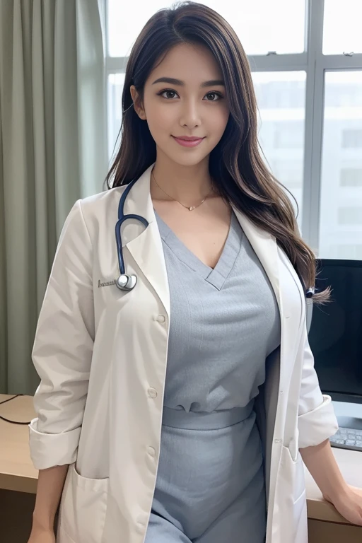 ((she is a doctor:1.3)), in hospital lab, (doctor in a white lab coat:1.1), (Doctor's attire), masutepiece, Best Quality, Ultra-detailed, finely detail, hight resolution, 8K Wallpaper, Perfect dynamic composition, Beautiful detailed eyes, mid-chest, Natural Color Lip, Random and sexy poses, Smile,28 years beautiful women, ((big tits:1.1)), Examination room, stethoscope