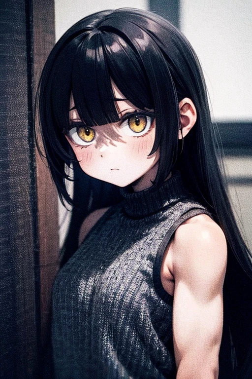 expressionless girl black hair yellow eyes muscular