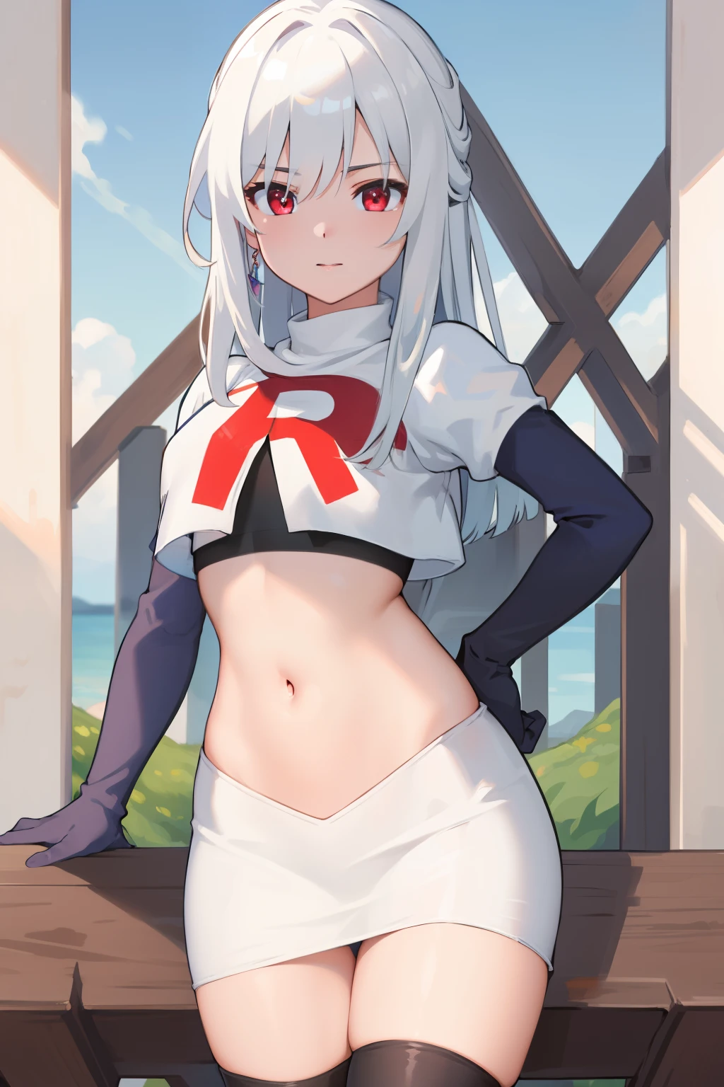 (8k uhd, masterpiece, best quality, high quality, absurdres, ultra-detailed, detailed background), JingliuV5, 1girl, solo, red eyes, looking at viewer, navel, jewelry, team rocket,team rocket uniform,white skirt,crop top,black thigh-highs,black elbow gloves