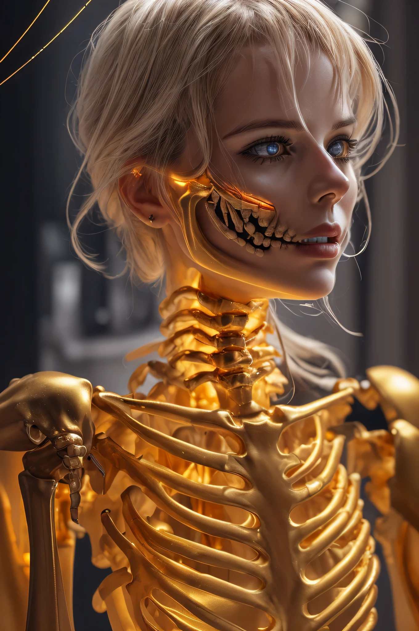 (1girl), (human face:1.3), Highly Detailed Beautiful girl, (extremely detailed beautiful face), Amazing face and eyes, (Highest Quality: 1.4), (Super Detailed), (Very Delicate and Beautiful), golden body, Biomechanical Cyborg, Beautiful Natural Shapes, Arteries, Veins , lace, colorful details, diamond earrings, very delicate embroidery, intricate details, skeleton, ultra-transparent skin, surreal, Super detailed, cyborg girl, realistic, (detailed golden skeleton, hollow body interior, skeleton made of golden metal, half human, translucent human body, Skin made of layers of extremely complex metal fibers, The inside of the body is an incredibly complex structure made up of countless IC chips: 1.6), iridescent, futuristic, super complex, super beautiful, highly detailed CG unified 8K wallpaper, high resolution raw color photo, professional photo, flesh and blood, (cyber punk, Spiral structure, future urban cyberspace, iridescent illumination, dazzling light:1.35),