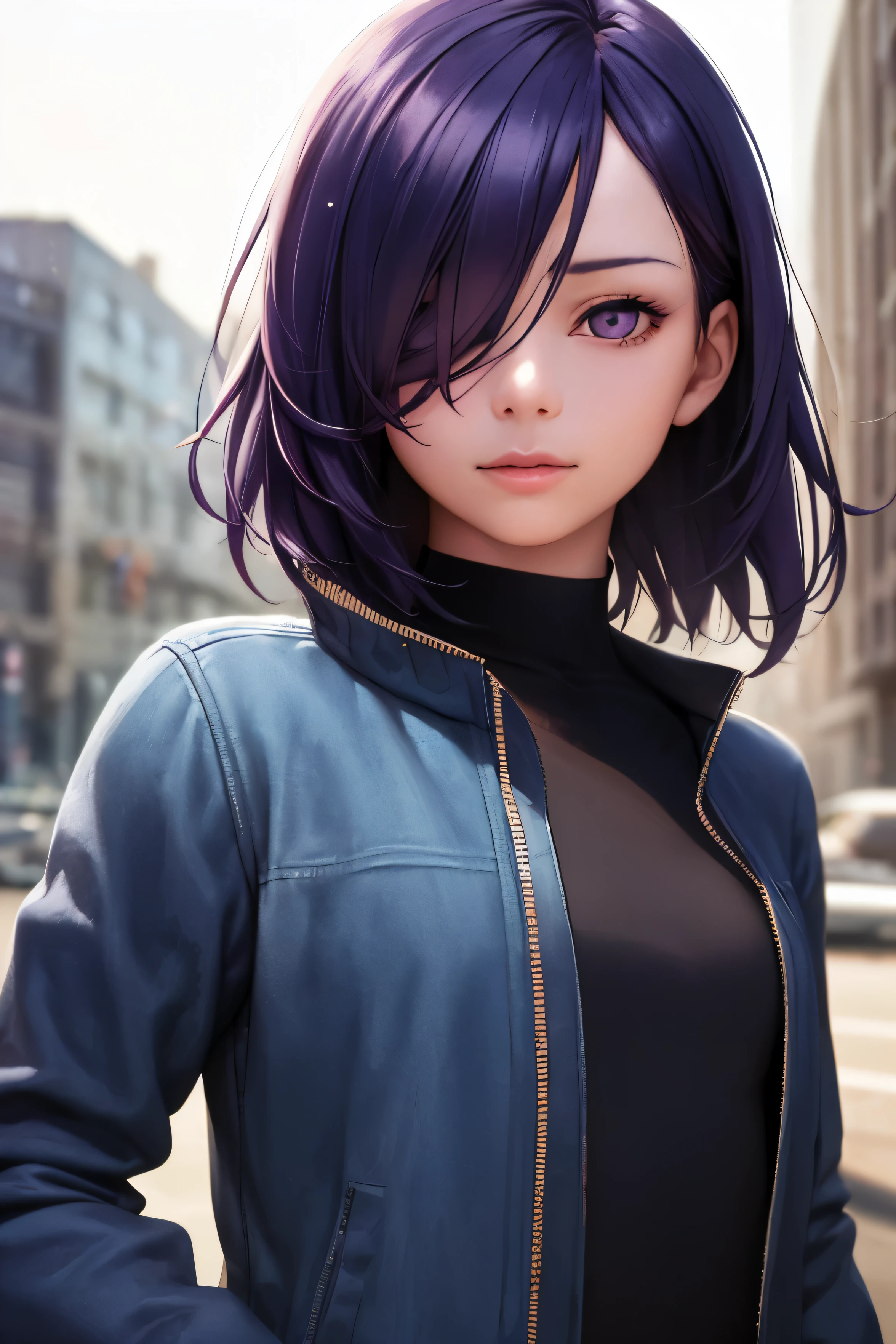 1girl, ((best quality)), ((masterpiece)), ((realistic)), (detailed), (perfect face), (one eyes gone with long bangs), (Touka Kirishima), navy purple hair, beautiful face, purple eyes, blue jaket, mini skirt, badass poses, building background, portrait