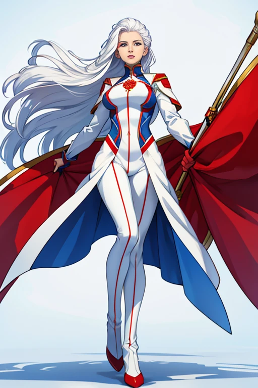 Russian Woman russia superhero suit russia clothing red blue and white clothes Flag of russia long white hair pale skin white hair