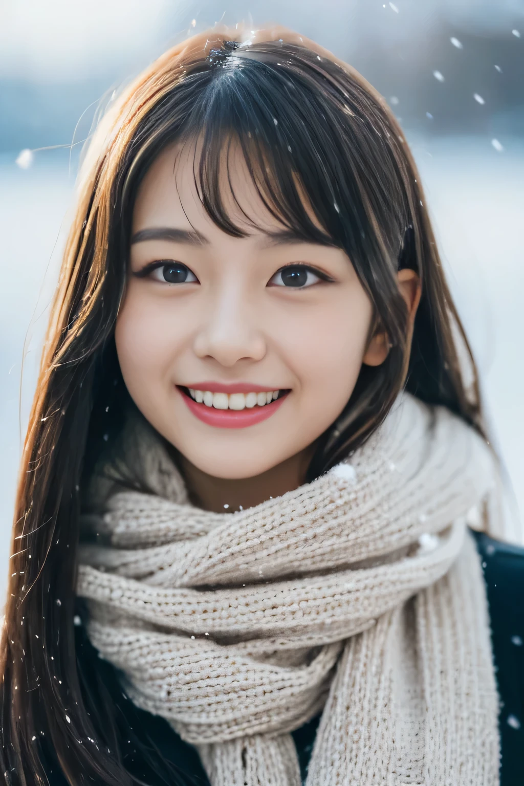 ((Show only the face、close up of face、no makeup))、(realistic、Photoreal、Super detailed、best detailed skins、highest quality、masterpiece、ultra high resolution)、cute japanese woman、17 years old、high school girl、young girl、1 girl、have bangs、double eyelid、drooling eyes、big black eyes、Japanese style face、smile、Charm、purity、clean face、double teeth、watch here、realistic肌タイプ、thick muffler、Grey muffler、fluffy hair、((hair is inside the scarf:1.3))、red cheeks、the wind is blowing、that&#39;It&#39;s snowing、illumination、Light is coming in from behind