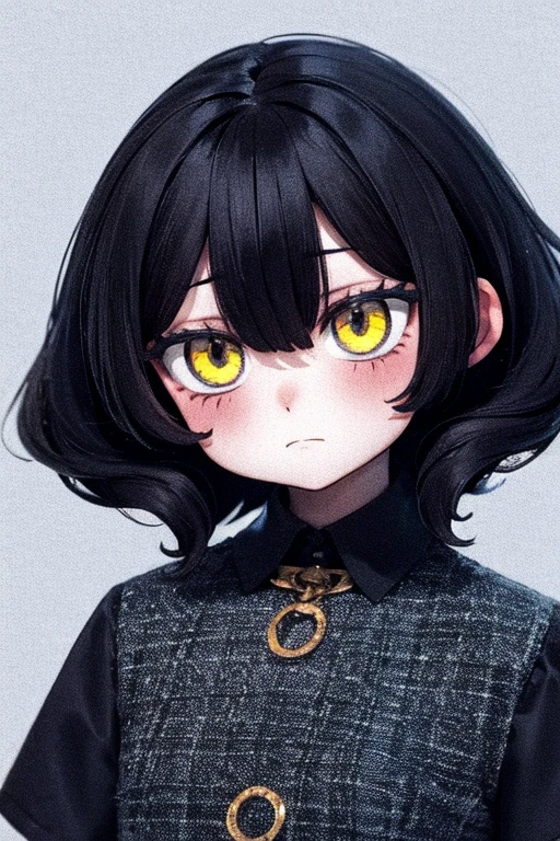 expressionless girl black hair yellow eyes muscular