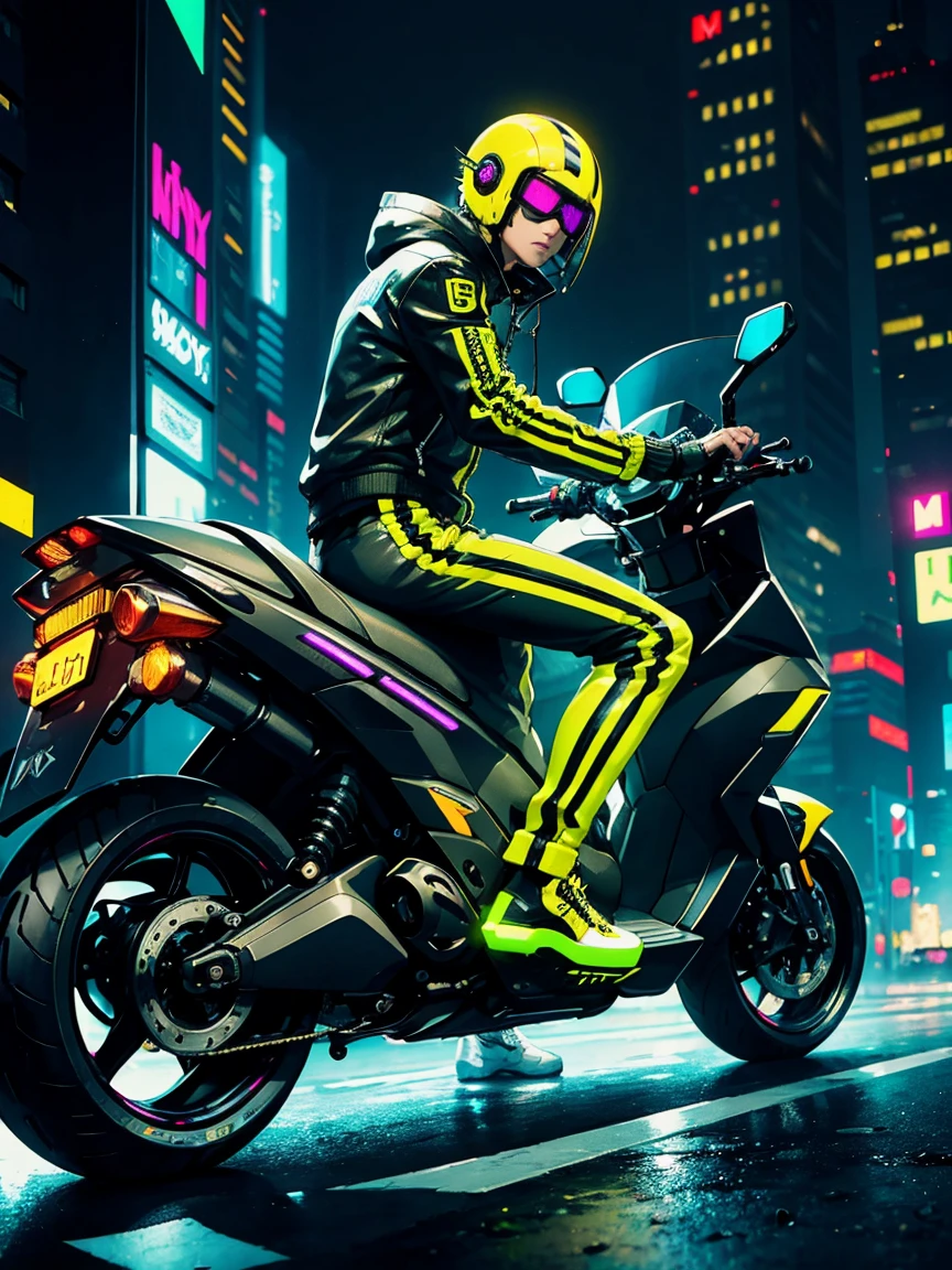 (Cyberpunk digital neon art), a man, yellow jacket with black stripes written "maxim", black trousers, black and white boots, riding a futuristic automatic scooter (black with yellow stripes) parked on a futuristic city street