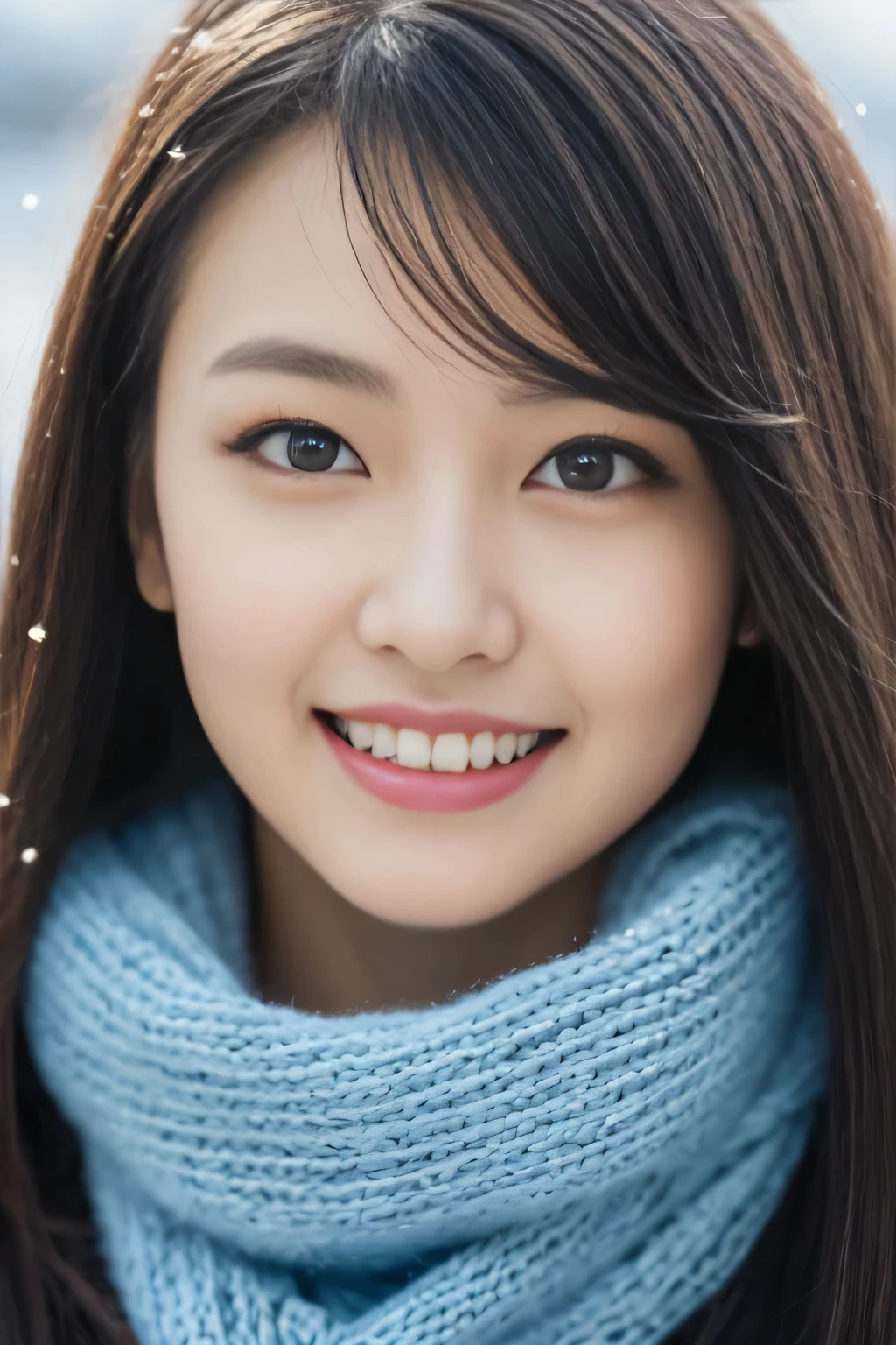 ((Show only the face、close up of face、no makeup))、(realistic、Photoreal、Super detailed、best detailed skins、highest quality、masterpiece、ultra high resolution)、cute japanese woman、、high school girl、young girl、1 girl、have bangs、double eyelid、drooling eyes、big black eyes、Japanese style face、smile、Charm、purity、clean face、double teeth、watch here、realistic肌タイプ、thick muffler、Grey muffler、fluffy hair、((hair is inside the scarf:1.3))、red cheeks、the wind is blowing、that'It's snowing、illumination、Light is coming in from behind